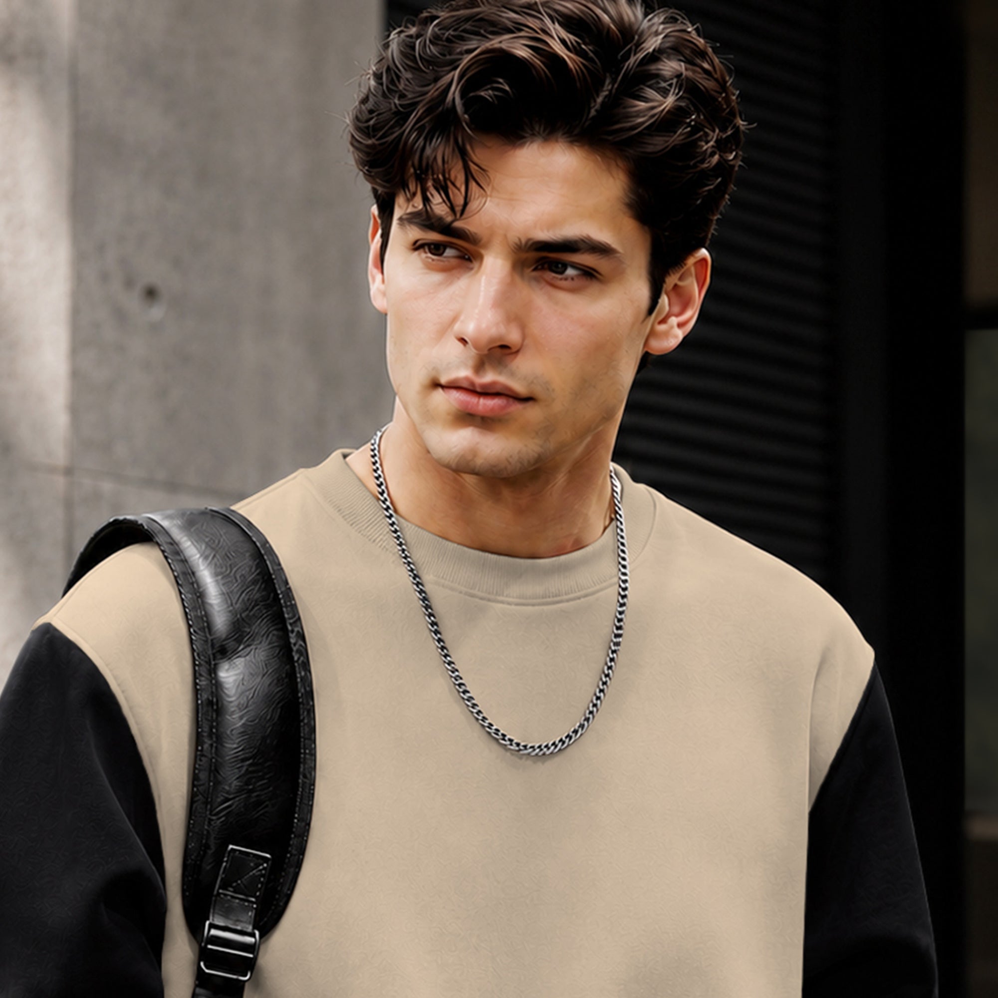Mens Contrast Sleeve Round Neck Sweatshirt Beige