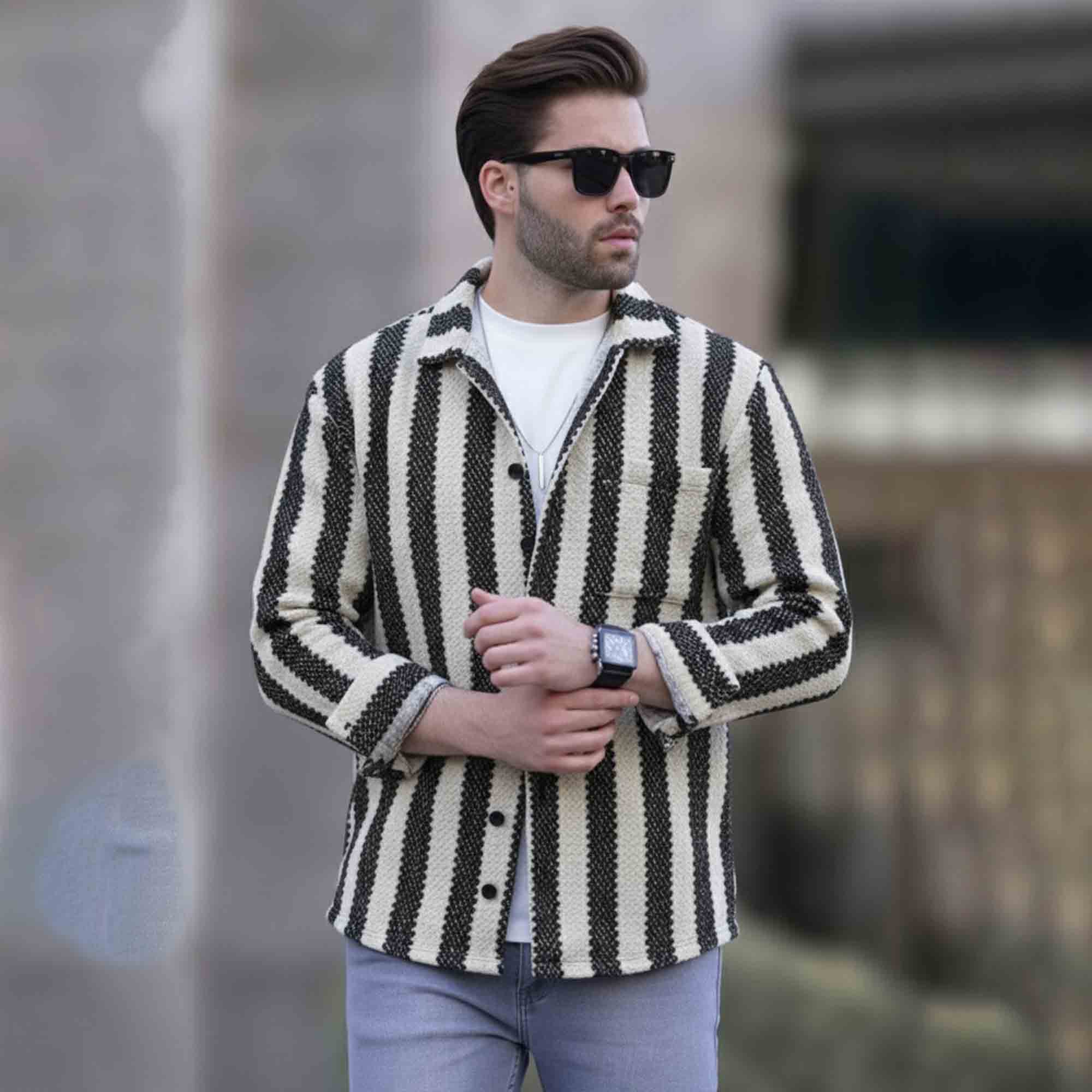 Mens Textured Striped Button Full Sleeve Shirt Beige & Black