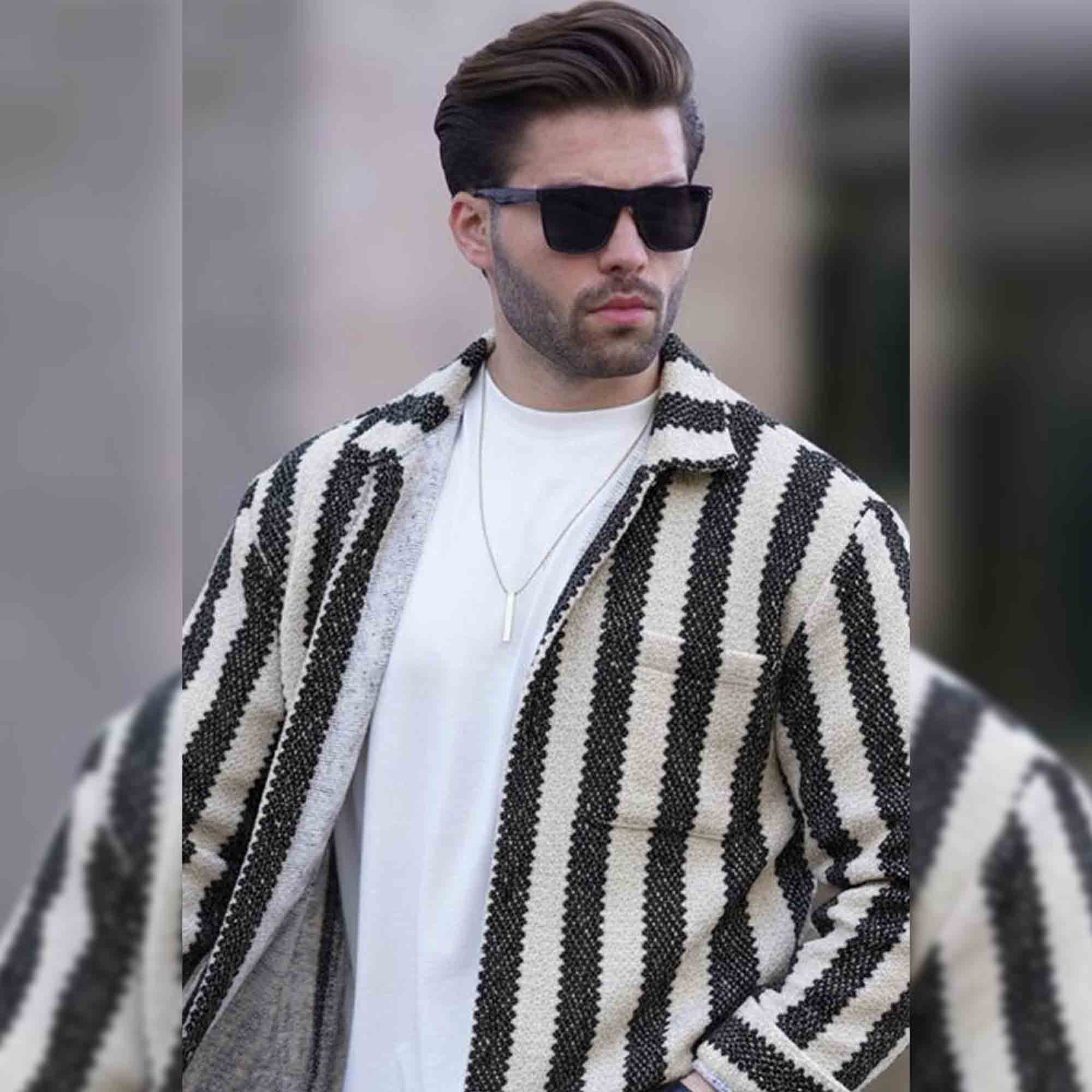 Mens Textured Striped Button Full Sleeve Shirt Beige & Black