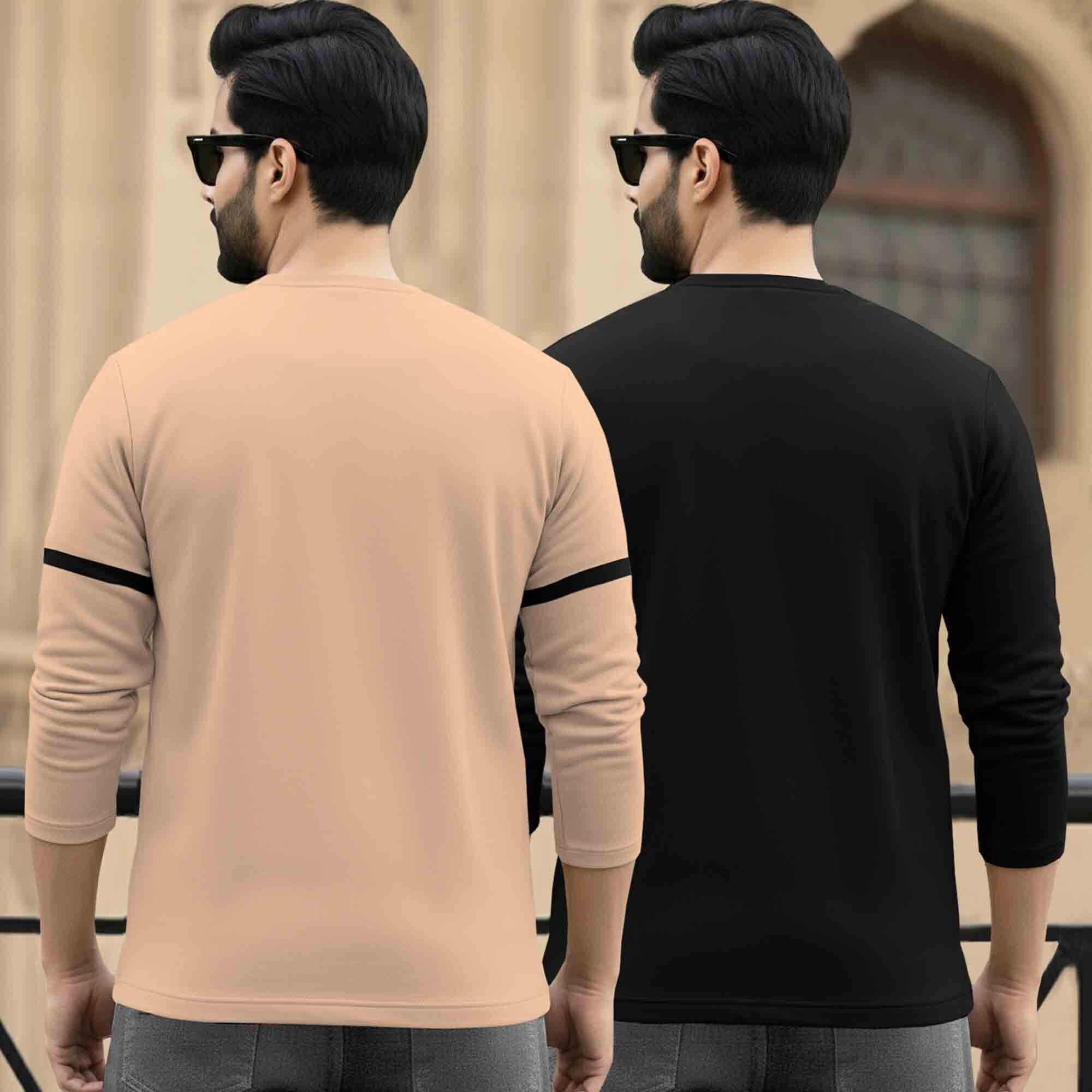 (Pack Of 2) Full Sleeve Round Neck Printed T-shirts Beige & Black