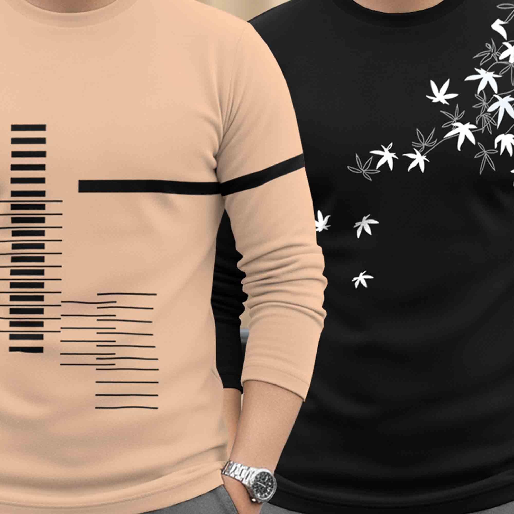 (Pack Of 2) Full Sleeve Round Neck Printed T-shirts Beige & Black