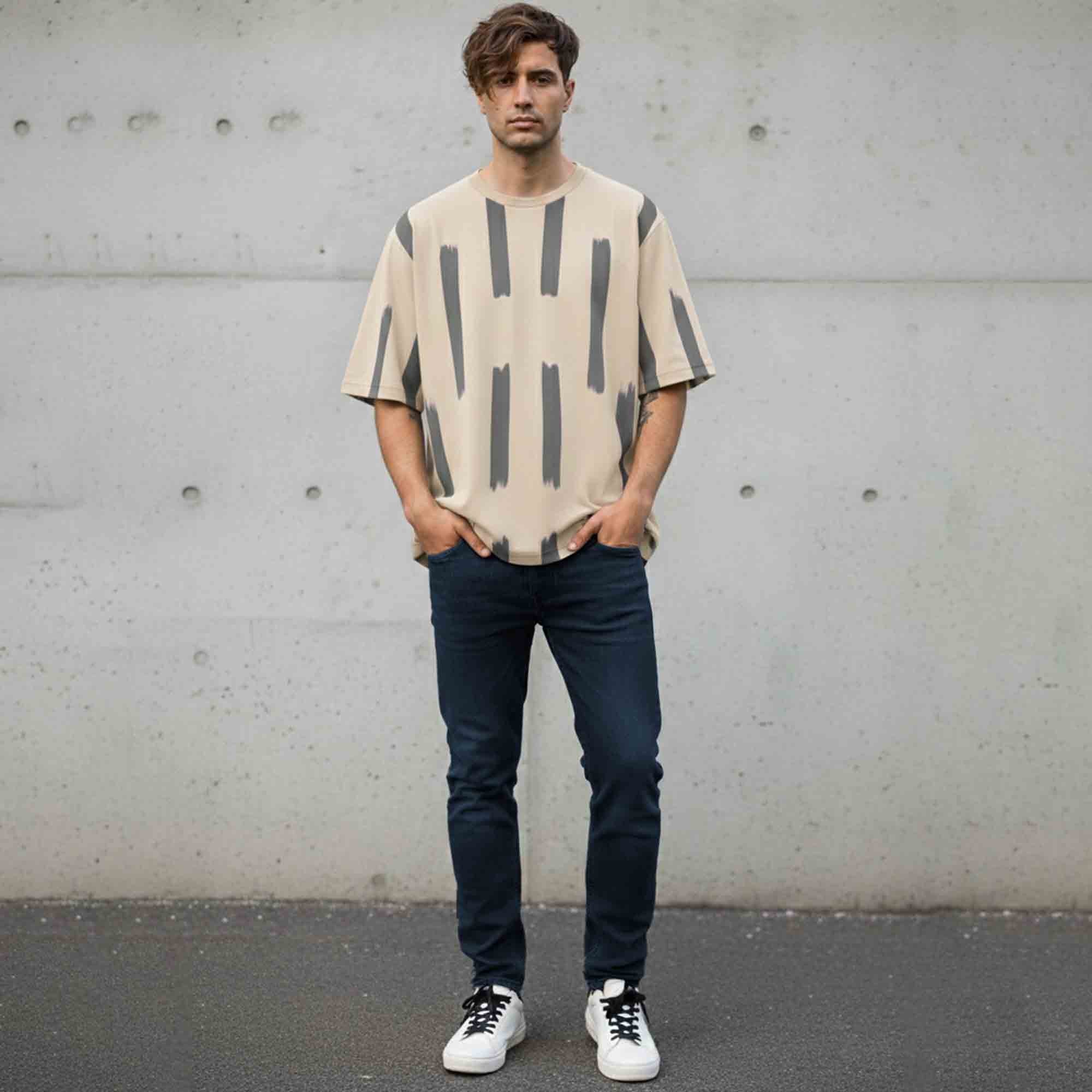 Men Printed Oversized Tshirt Beige