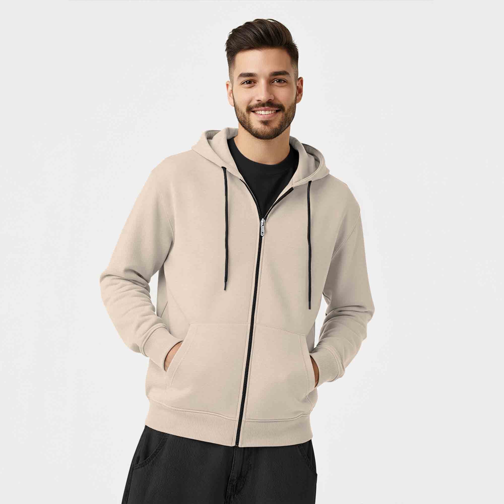 Mens Solid Full Sleeve Zip-Up Hooded Jacket Beige