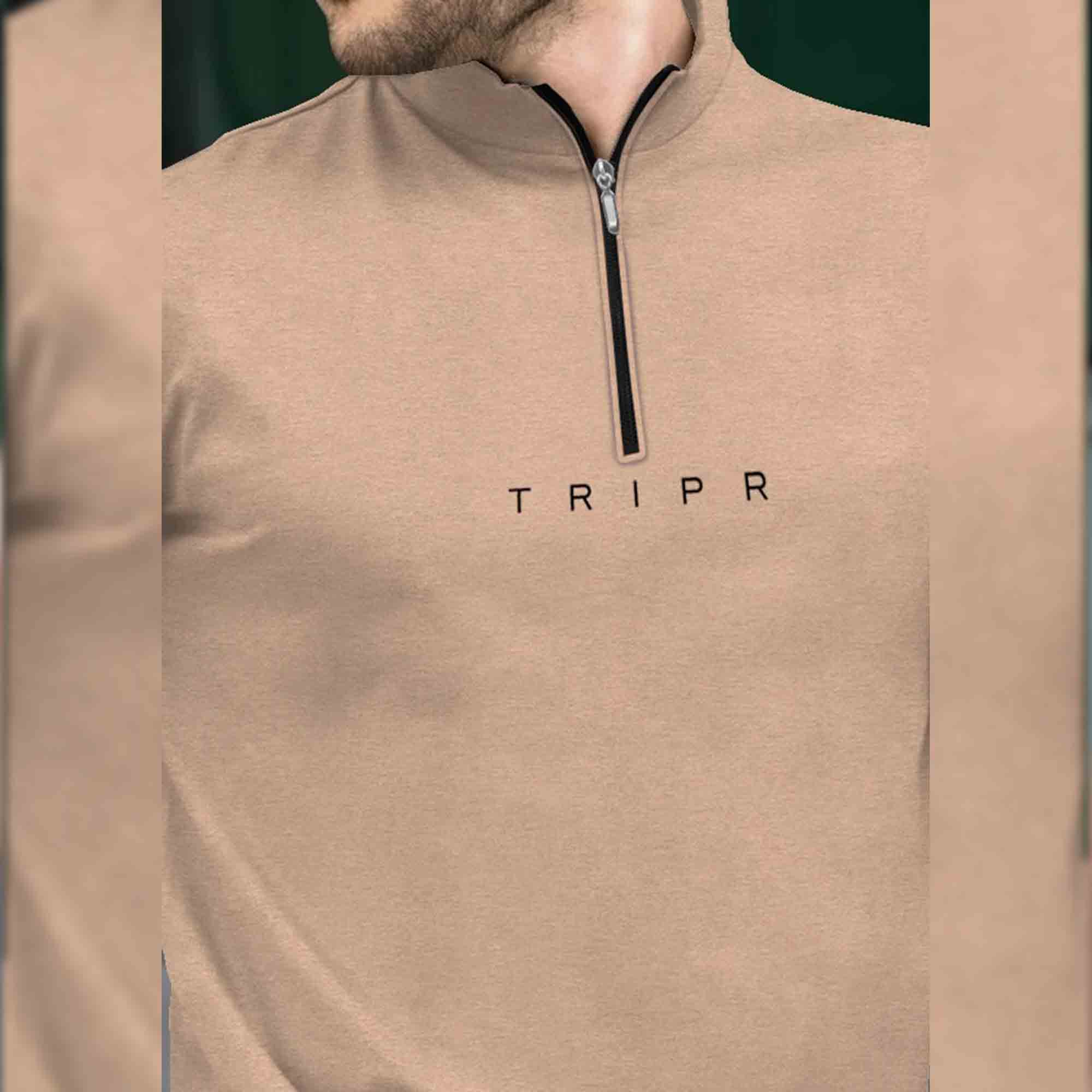 Men High Neck Beige Half Sleeve Zip up T-shirt