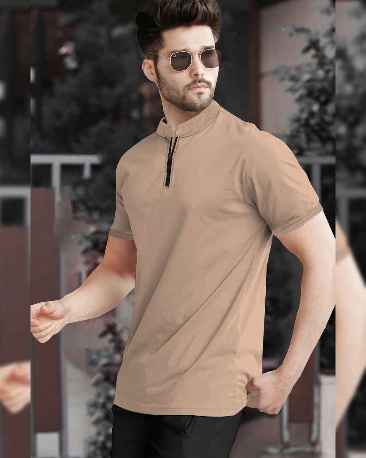 Half Sleeve Henley Neck Zip Type Plain Beige T-shirt