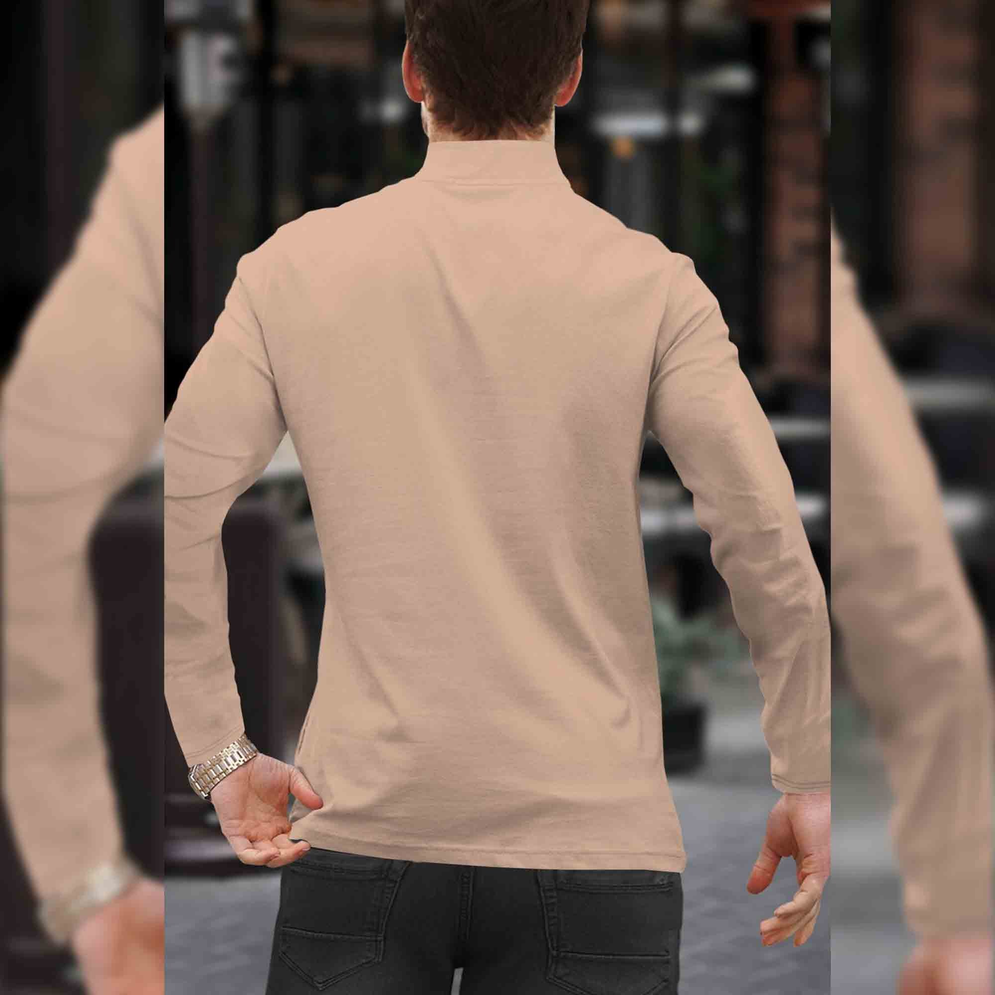 Men Solid Zip Neck Beige T-Shirt