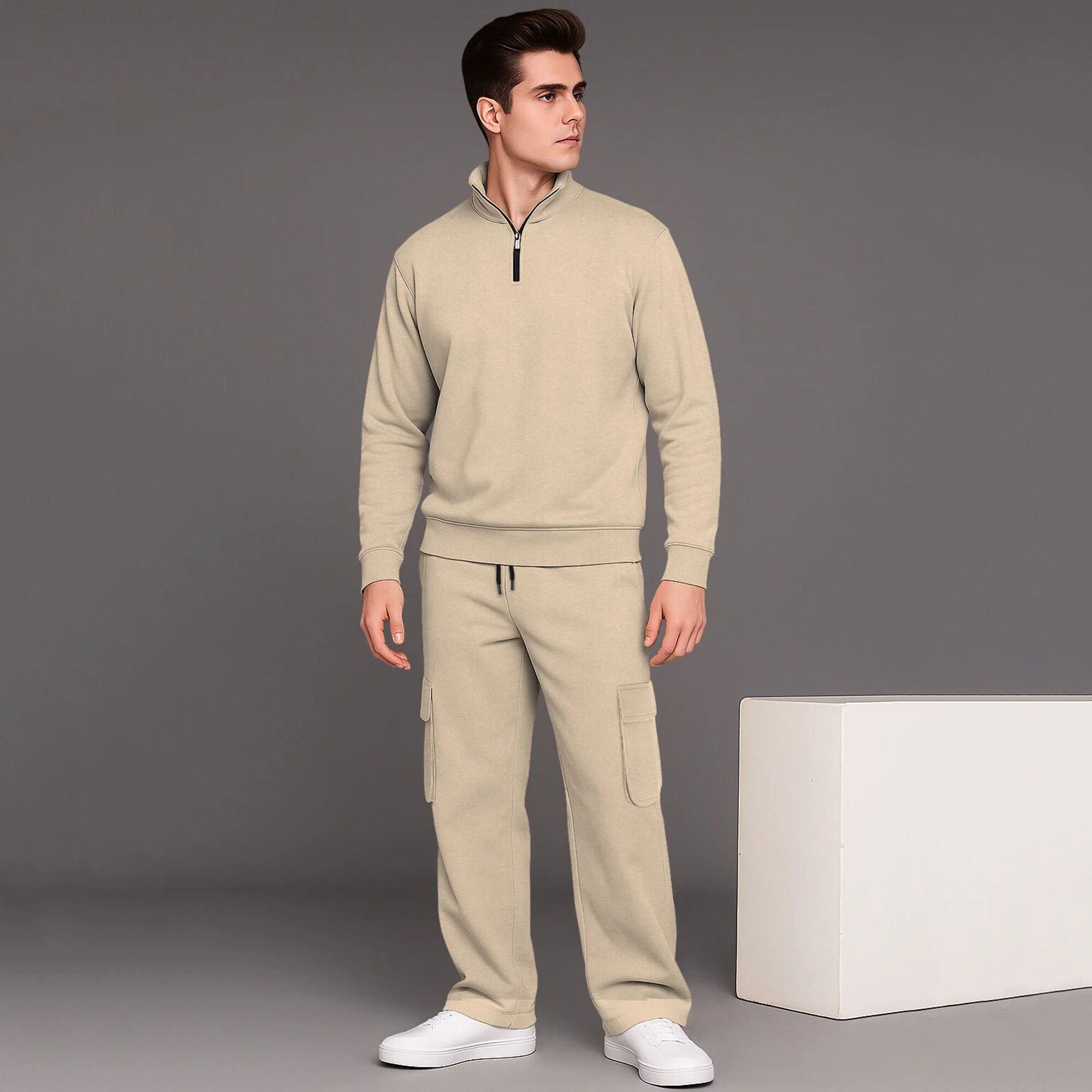 High Neck Sweatshirt & Baggy Cargo Plain Winter Outfits