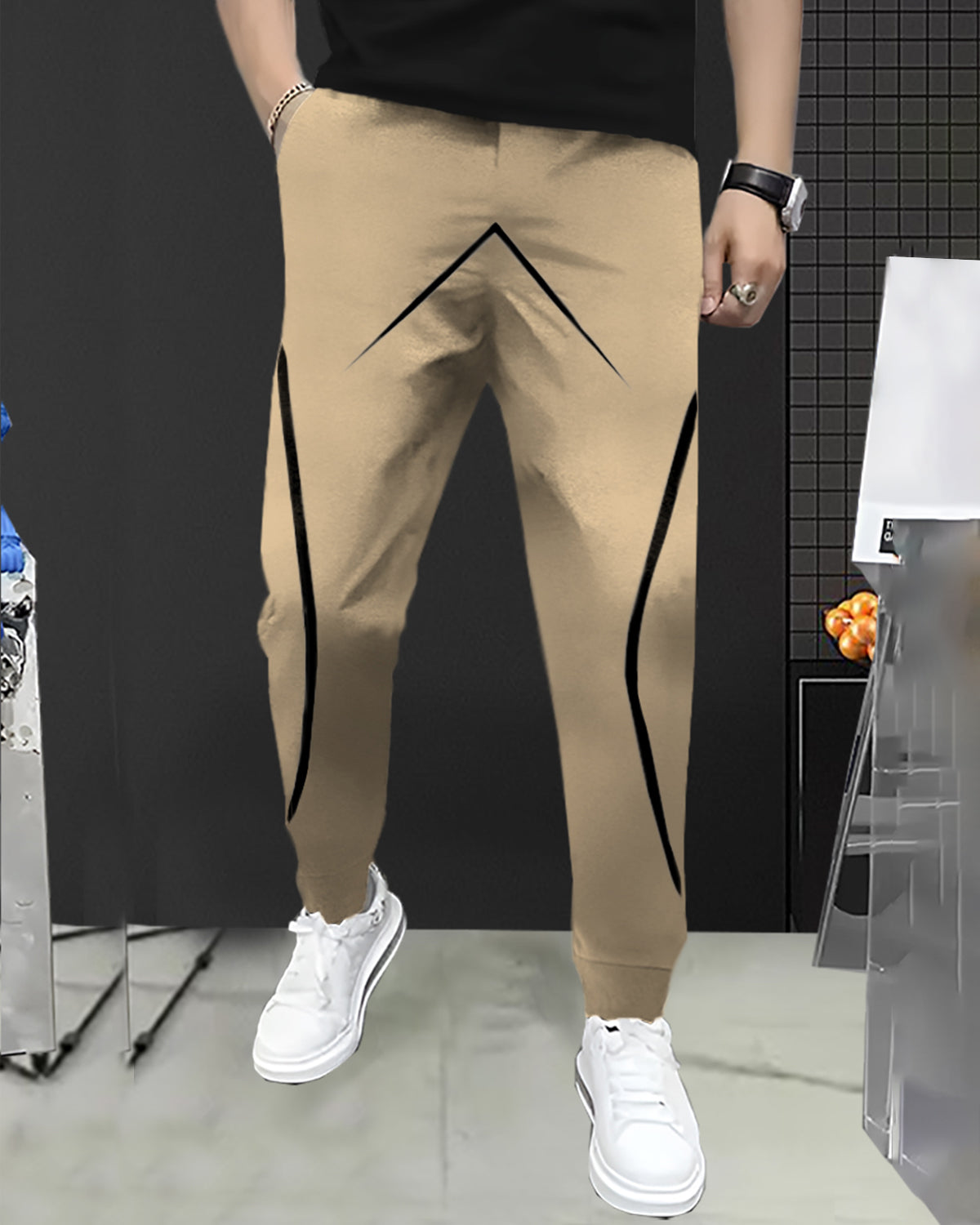 Mens Design Printed Beige Trackpant