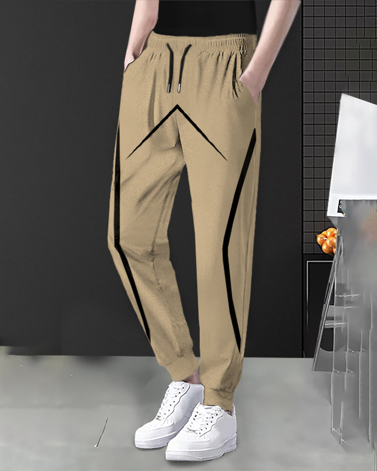 Mens Design Printed Beige Trackpant