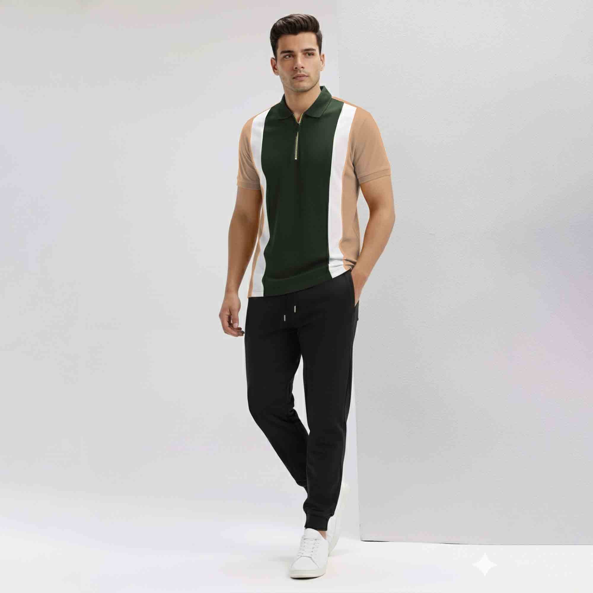 Mens Casual Tracksuit Set with Polo Beige T-Shirt - Black Jogger