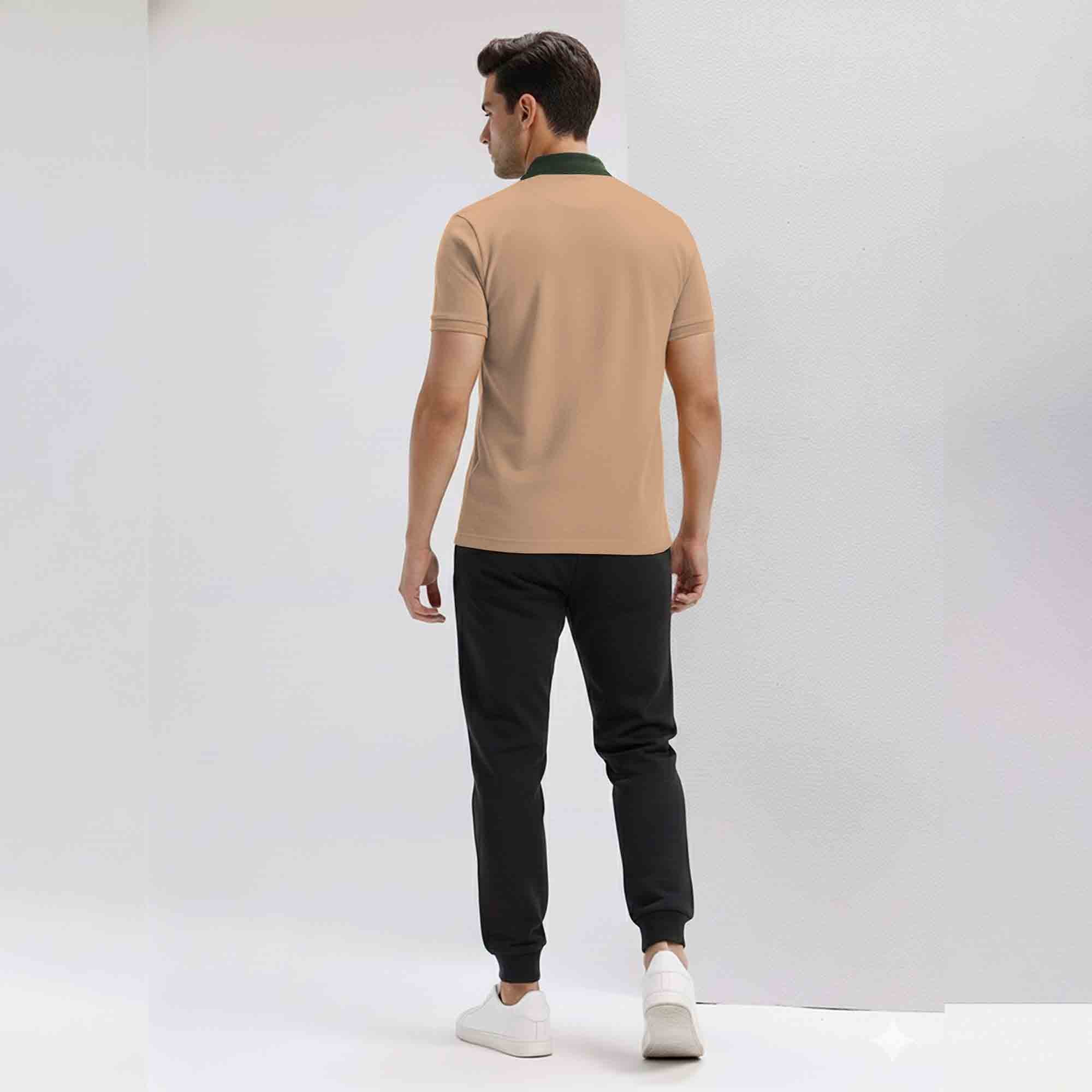 Mens Casual Tracksuit Set with Polo Beige T-Shirt - Black Jogger