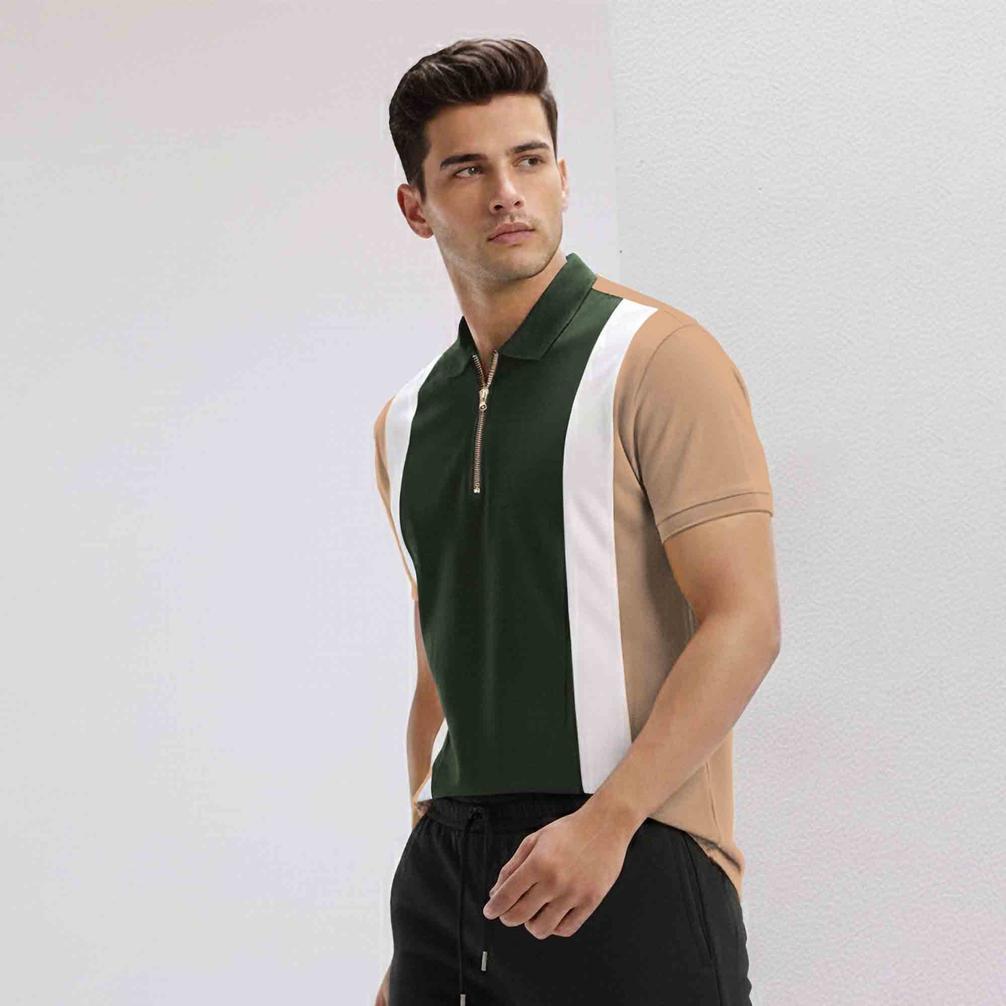 Mens Casual Tracksuit Set with Polo Beige T-Shirt - Black Jogger