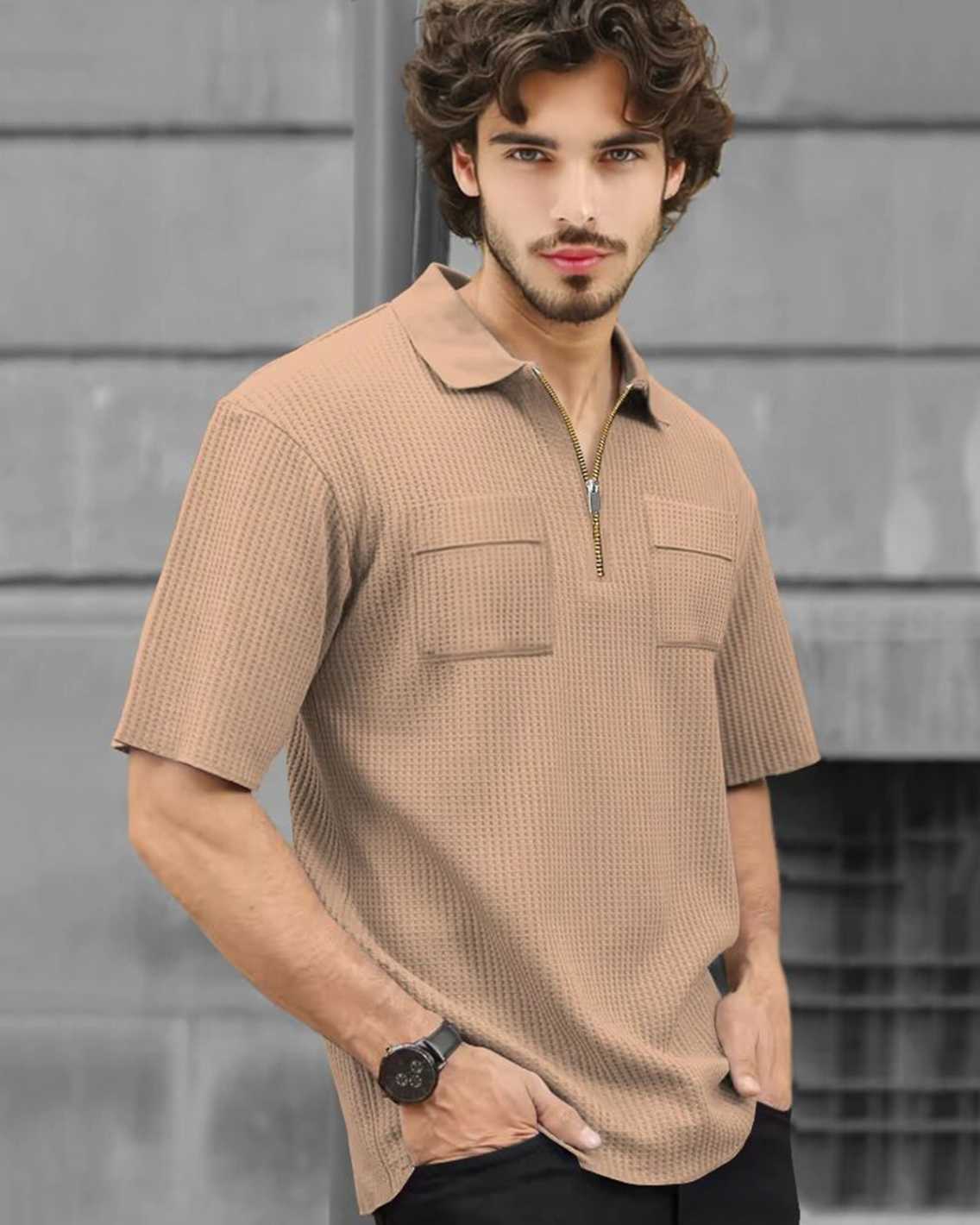 Men Half Sleeve Double Pocket Waffle T-shirt