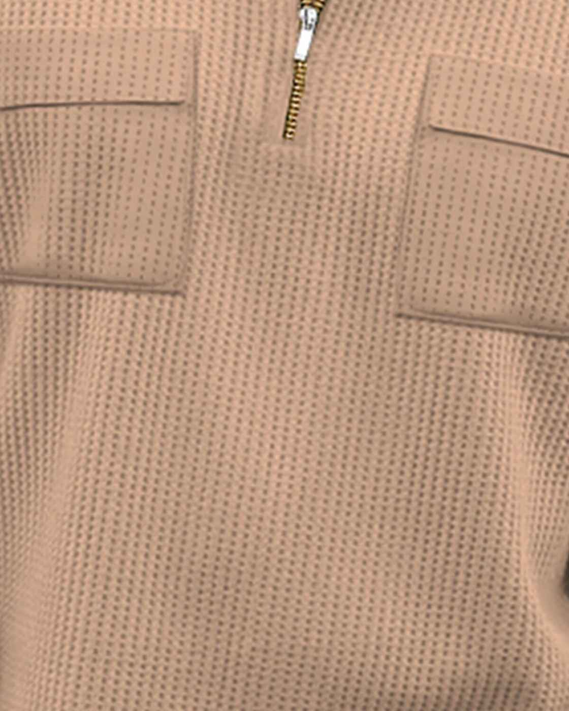 Men Half Sleeve Double Pocket Beige Waffle T-shirt