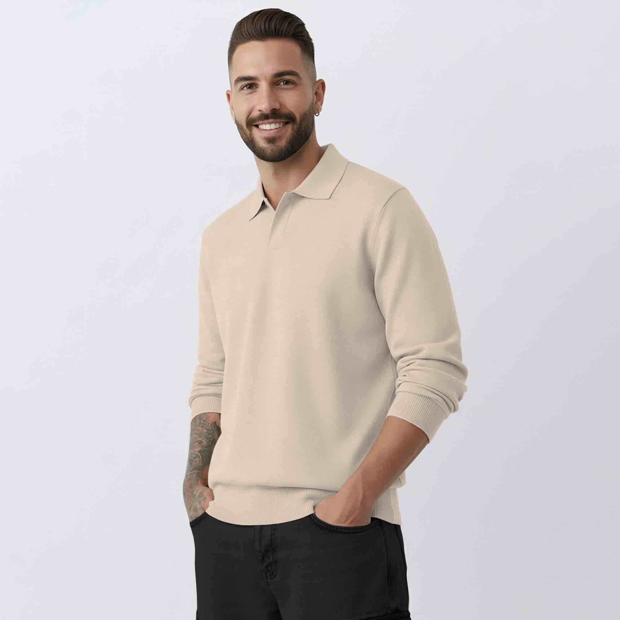 Mens Classic Polo Neck Solid Sweatshirt Beige