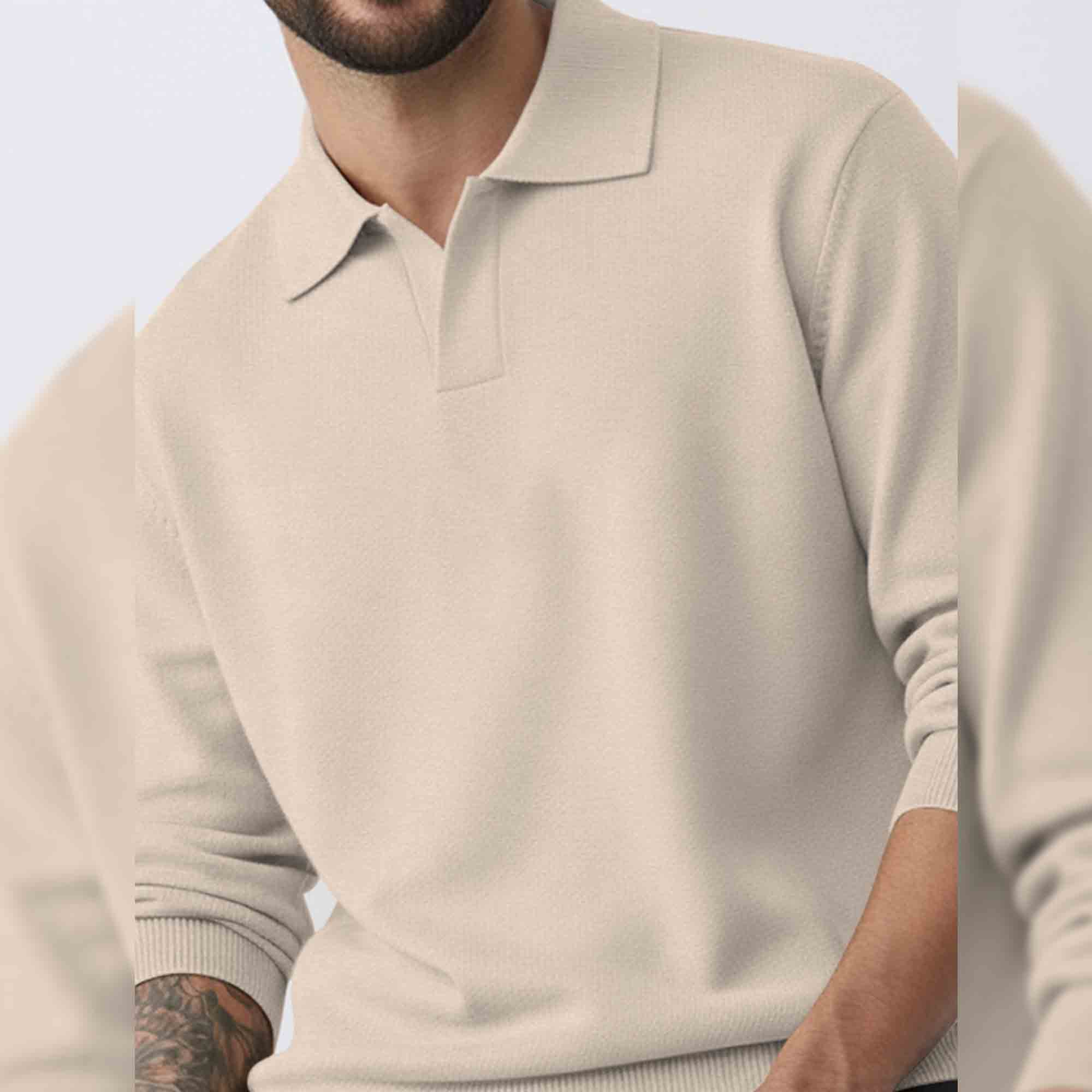 Mens Classic Polo Neck Solid Sweatshirt Beige