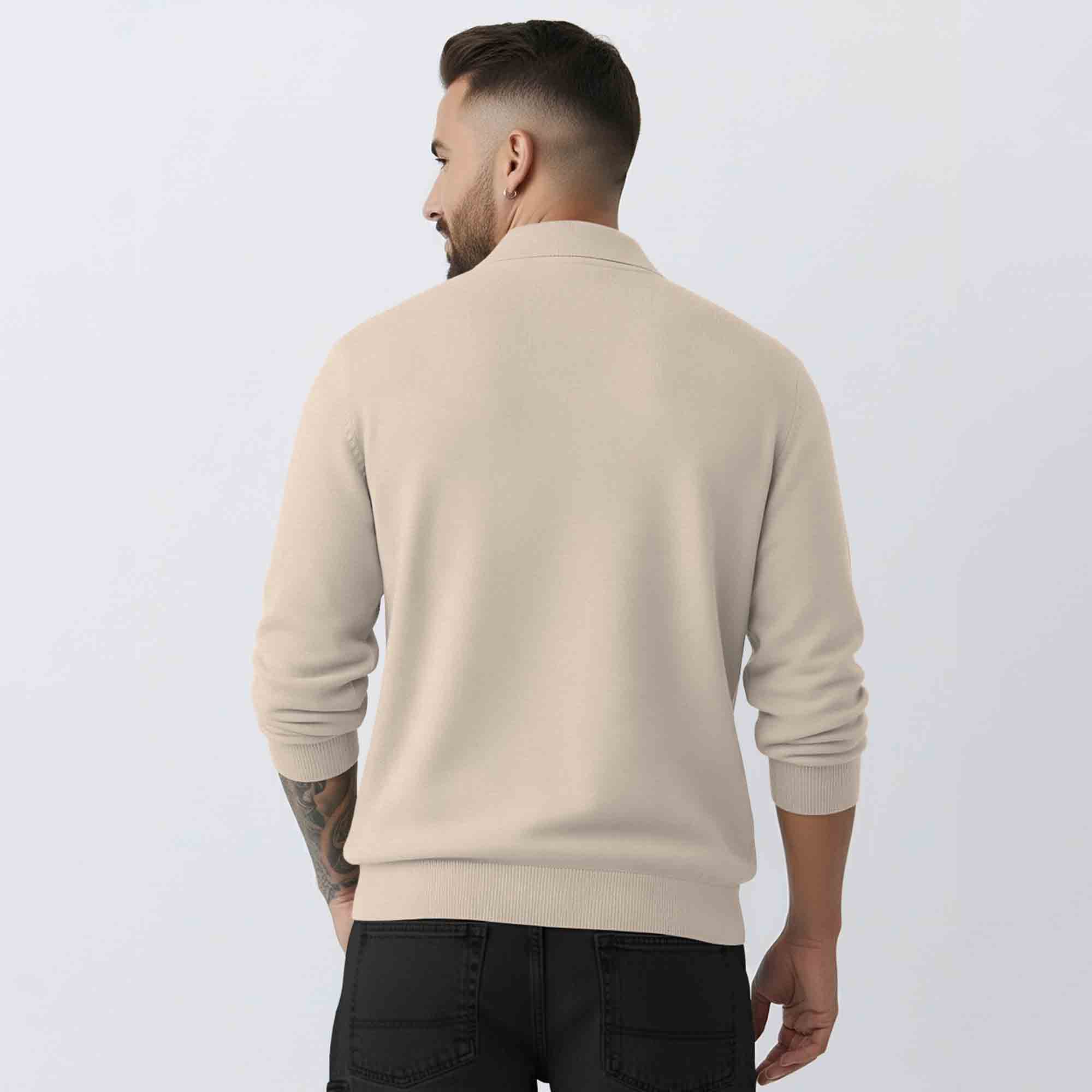 Mens Beige Quarter Zip Full Sleeve Plain Polo Fit Sweatshirt