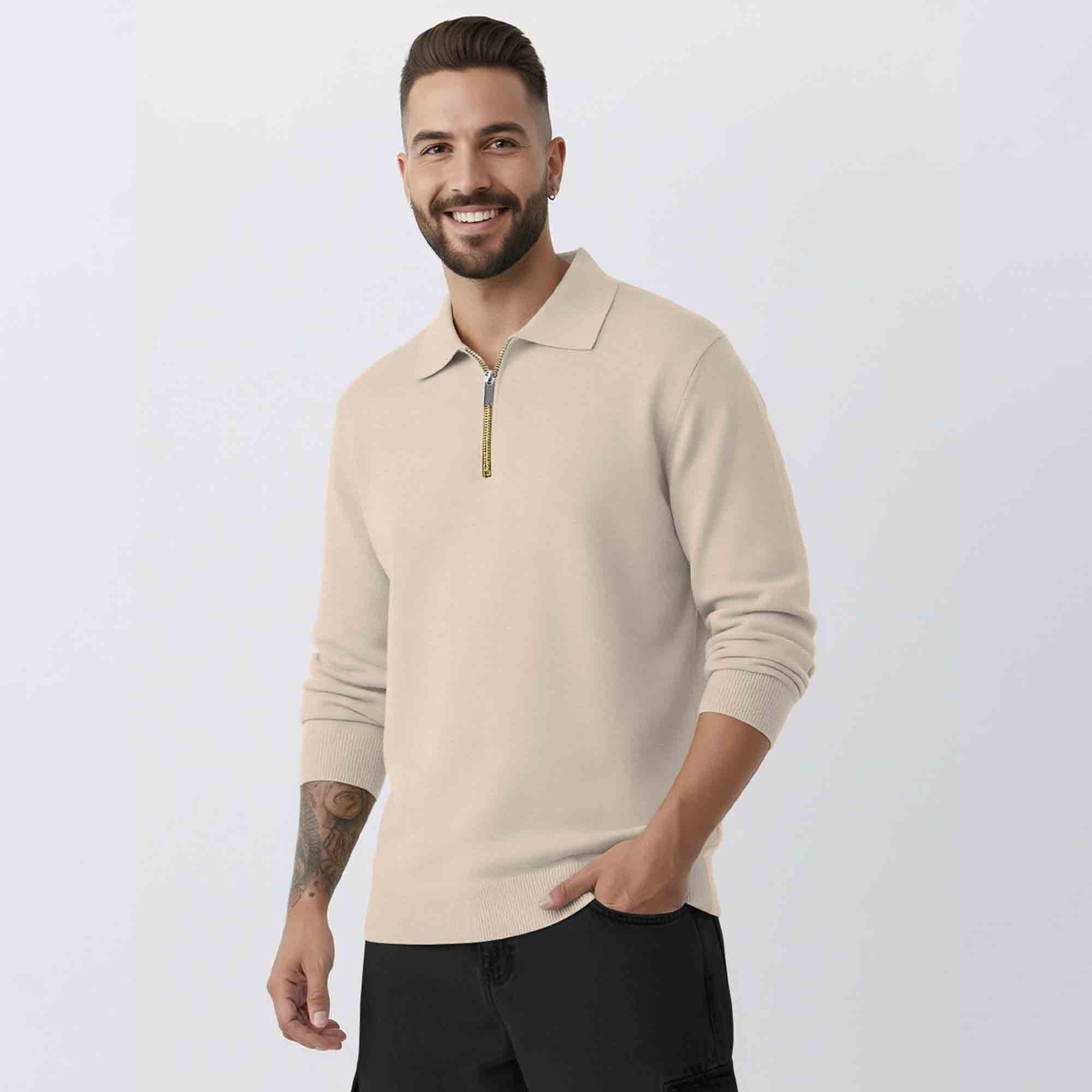 Mens Beige Quarter Zip Full Sleeve Plain Polo Fit Sweatshirt