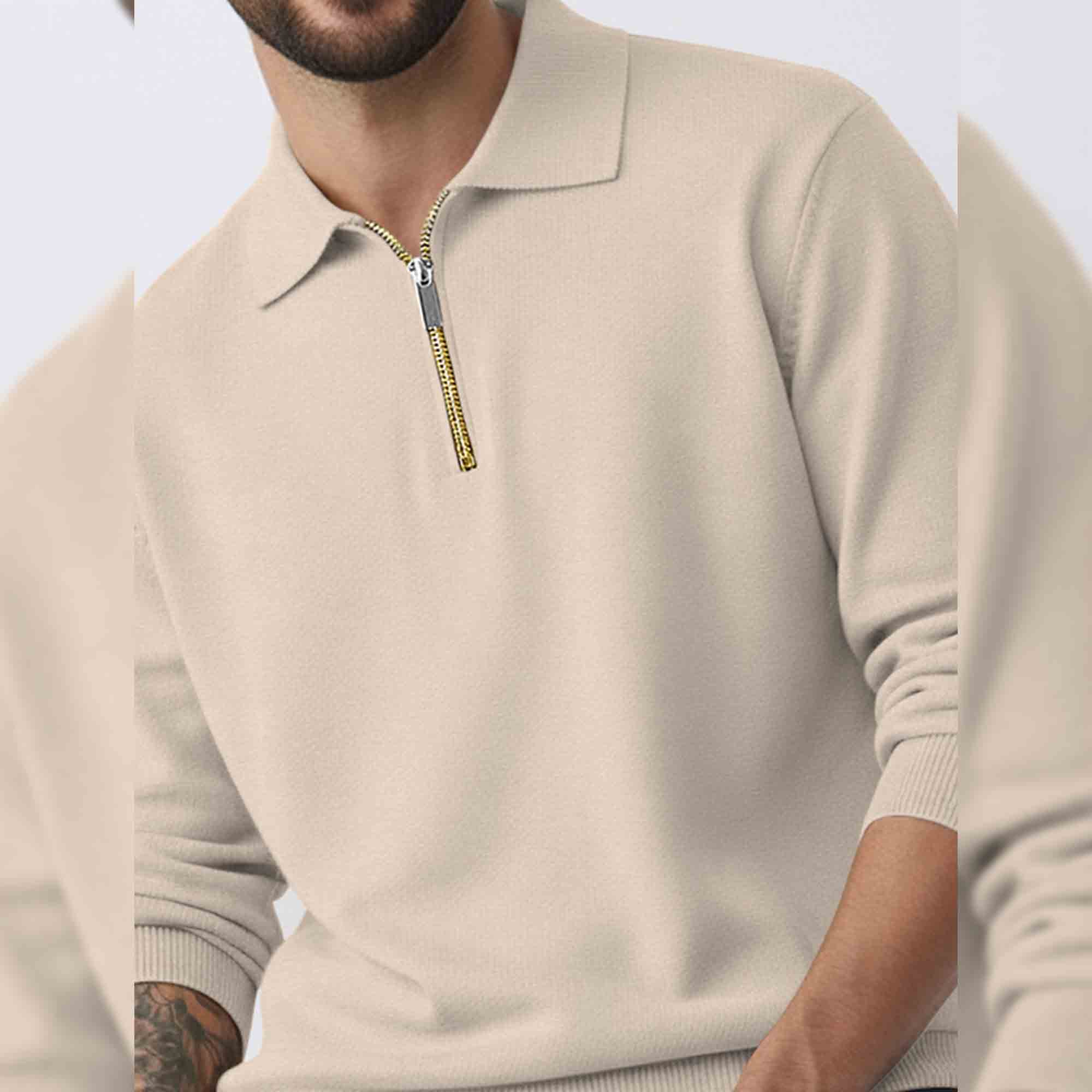 Mens Beige Quarter Zip Full Sleeve Plain Polo Fit Sweatshirt