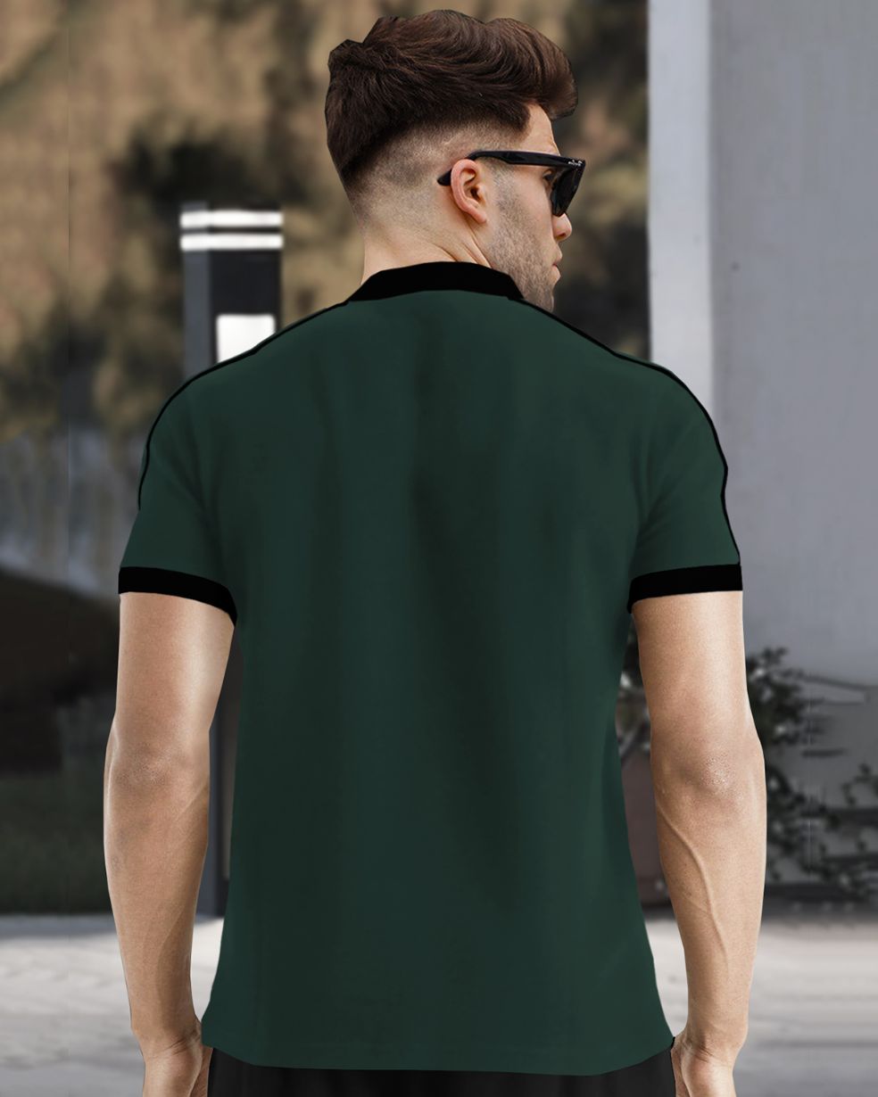 Men Mandarin Collar Beach Green Half Sleeve Zip Black Piping T-shirt
