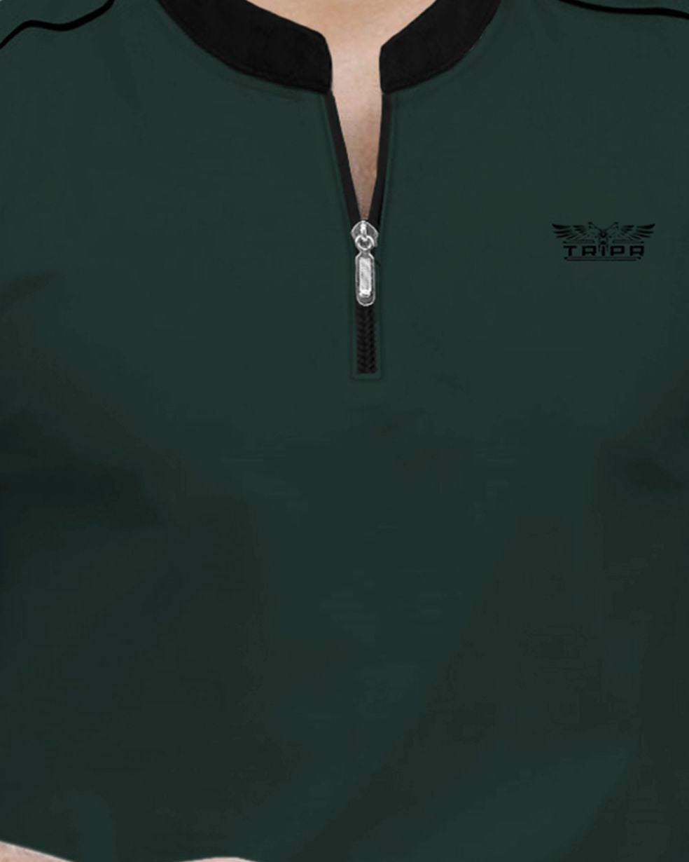 Men Mandarin Collar Beach Green Half Sleeve Zip Black Piping T-shirt