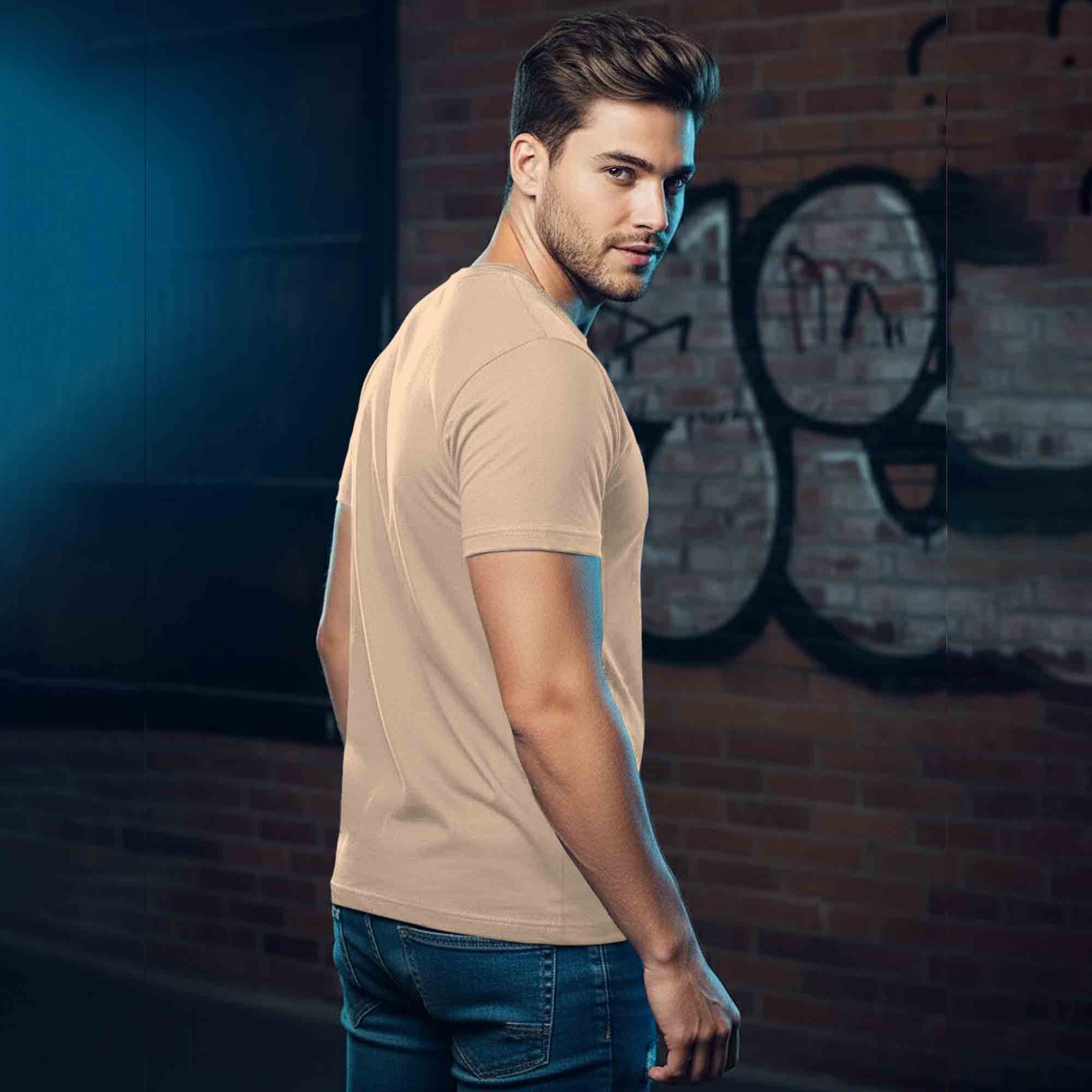 Men Half Sleeve REBEL Printed Cotton Blend Tshirt Beige