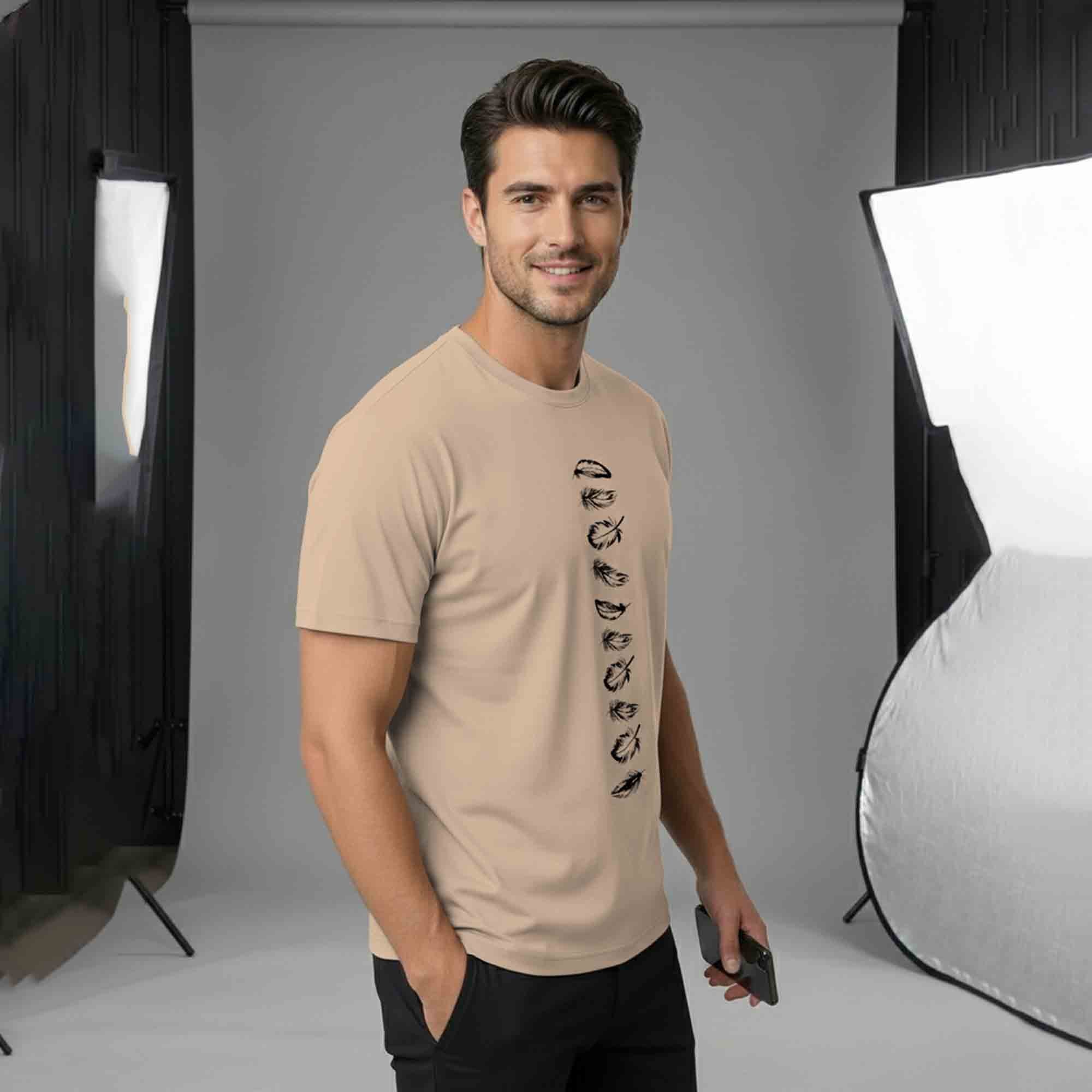 Half Sleeve Printed Round Neck Cotton Blend TShirt Beige