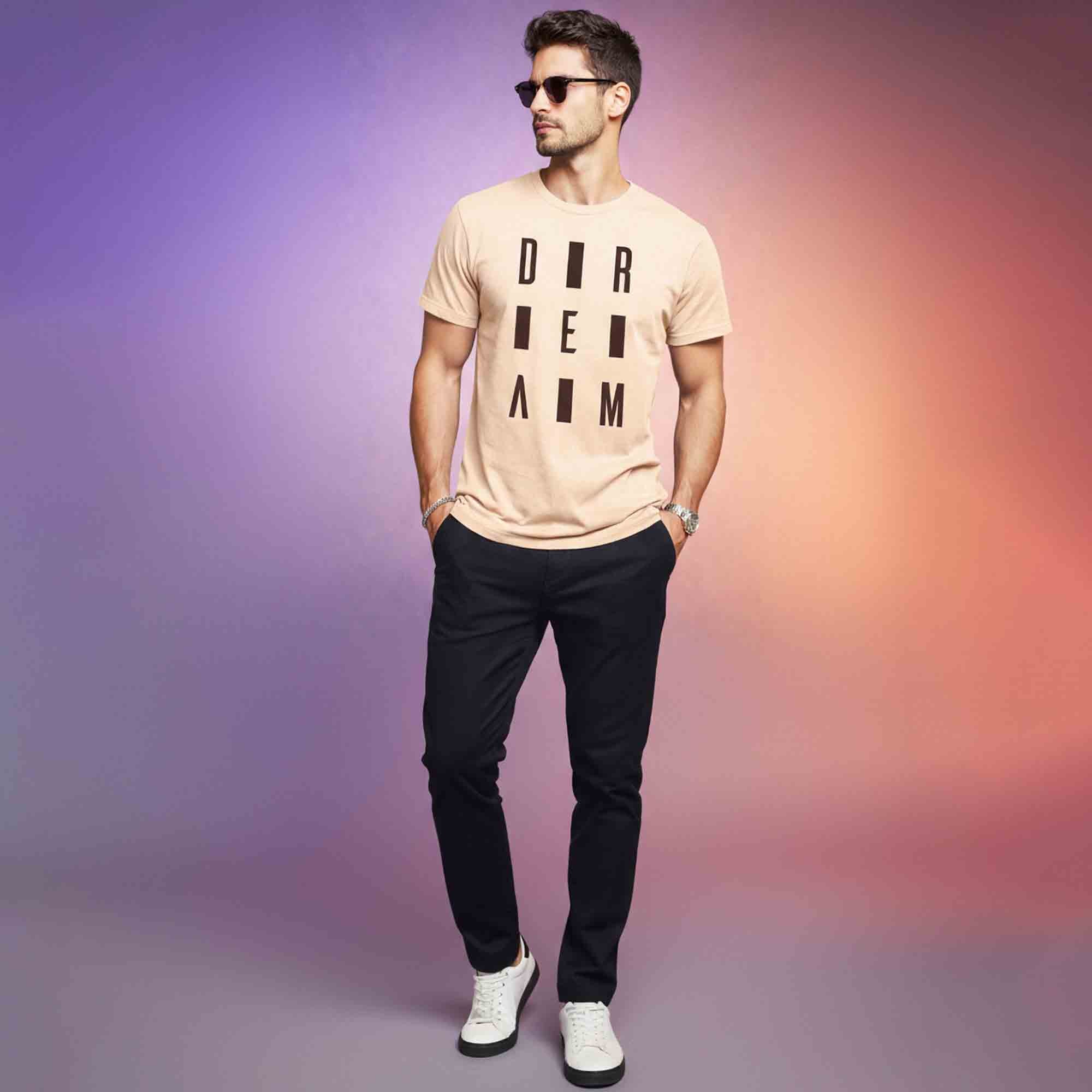 Mens Half Round Neck DREAM Printed Tshirt Beige