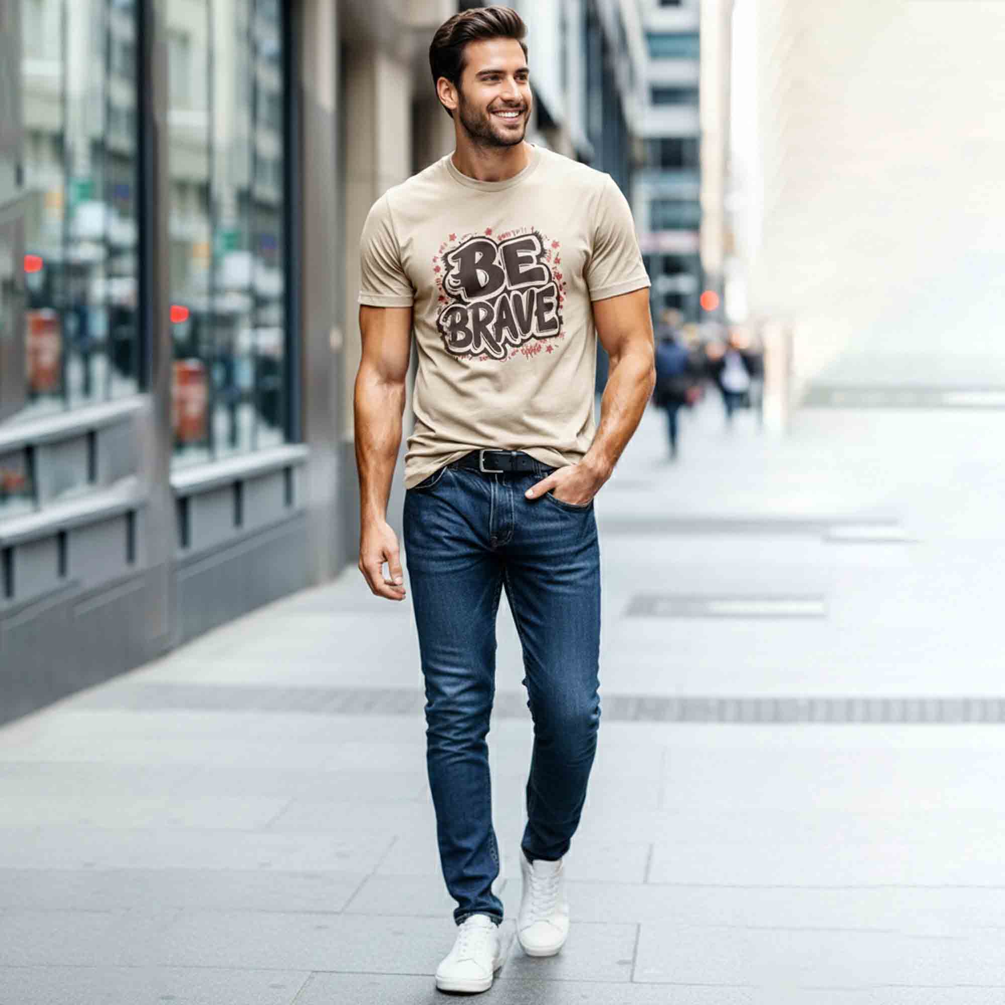Men Half Sleeve Printed Tshirt Beige