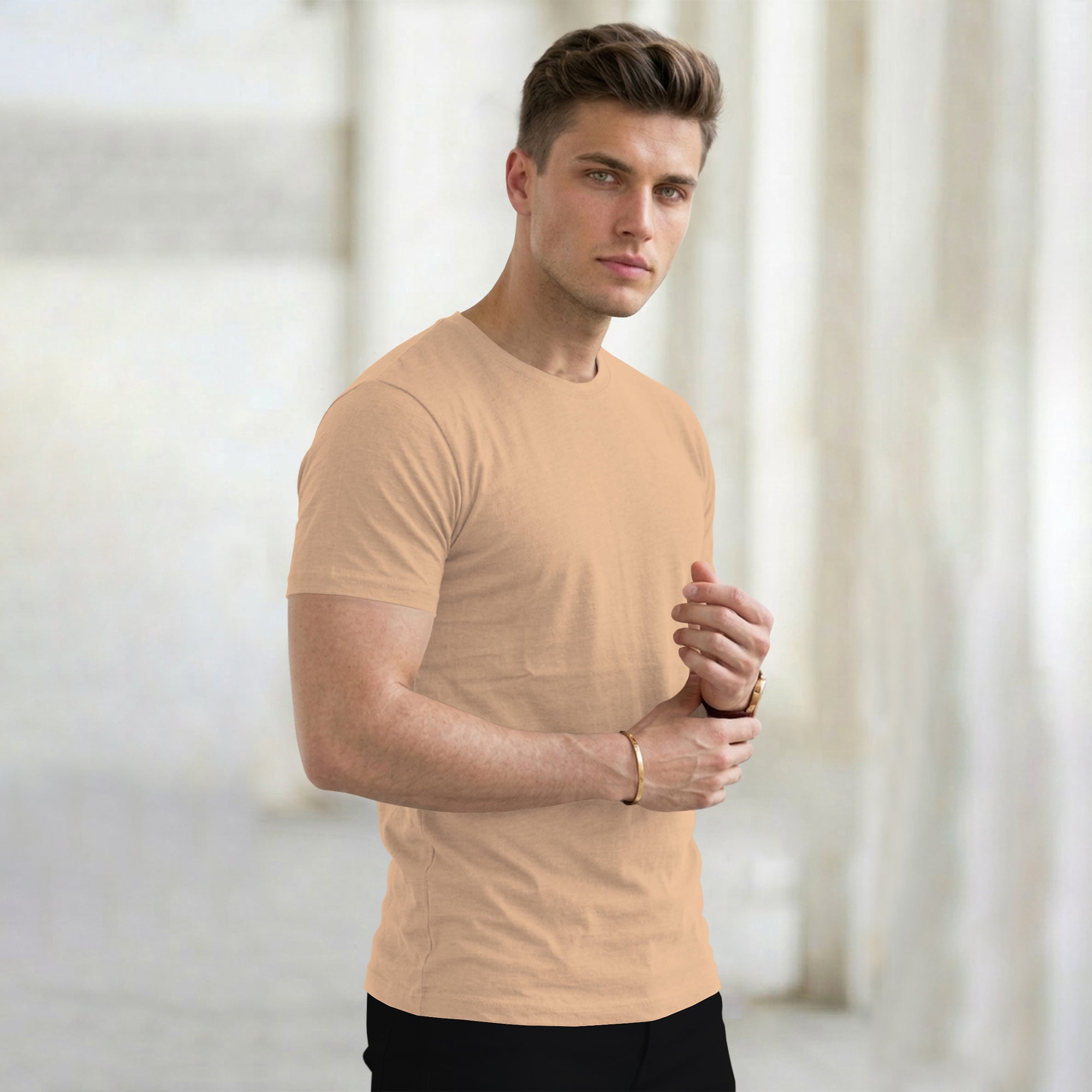 (Pack Of 1) Men Half Sleeve Round Neck Plain Beige T-shirt