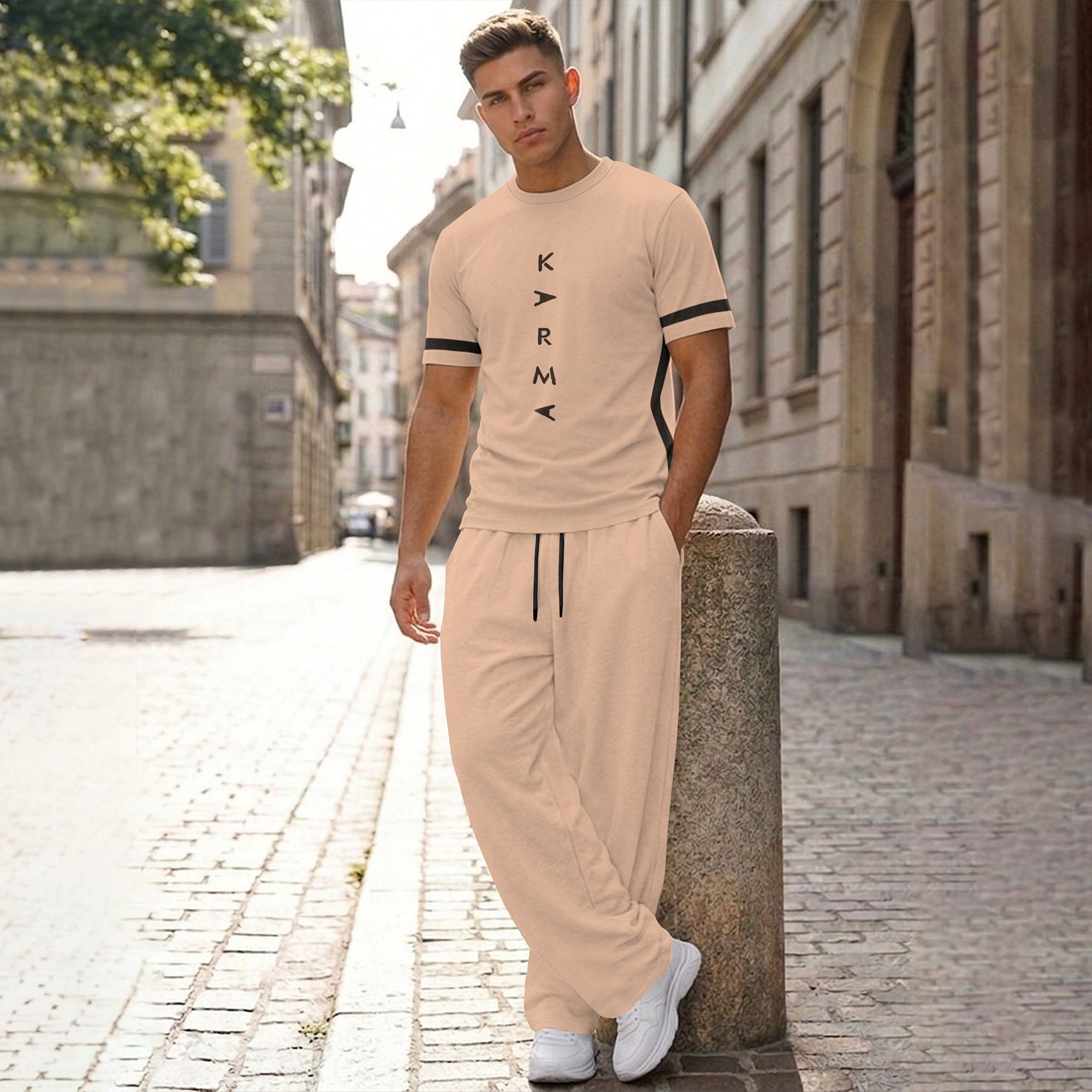 Men Tracksuit Round Neck Printed Tshirts Loose Fit Plain Trackpants