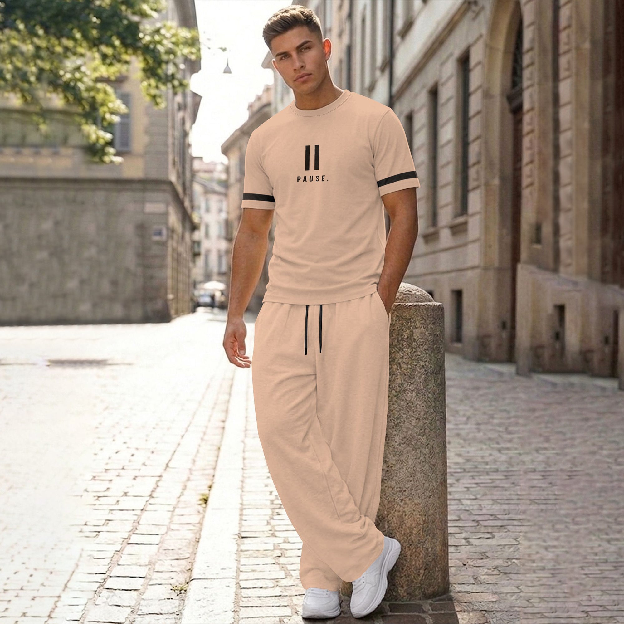 Men Tracksuit Round Neck Printed Tshirts Loose Fit Plain Trackpants