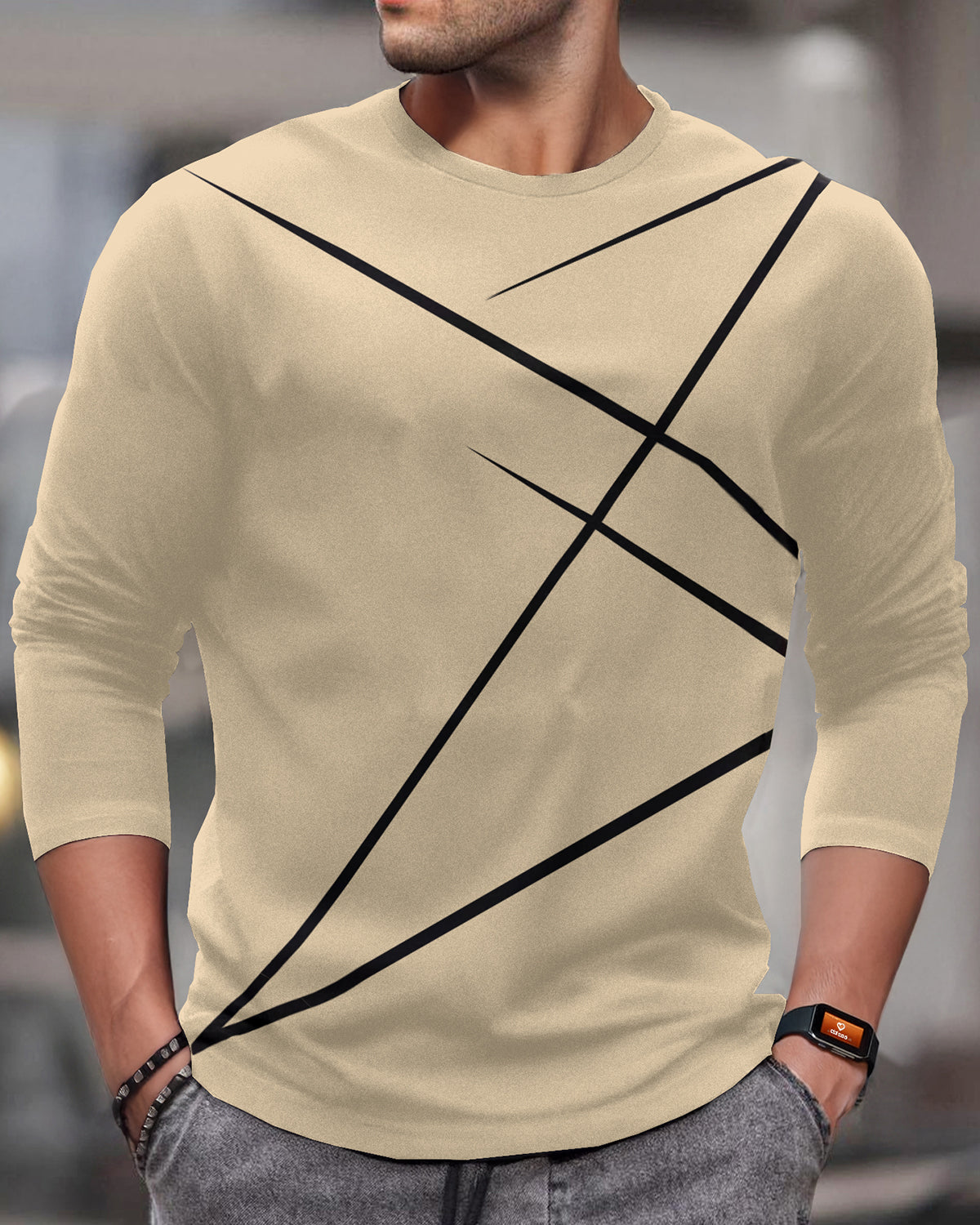 Round Neck Full Sleeve Zig Zag Printed Beige T-shirt