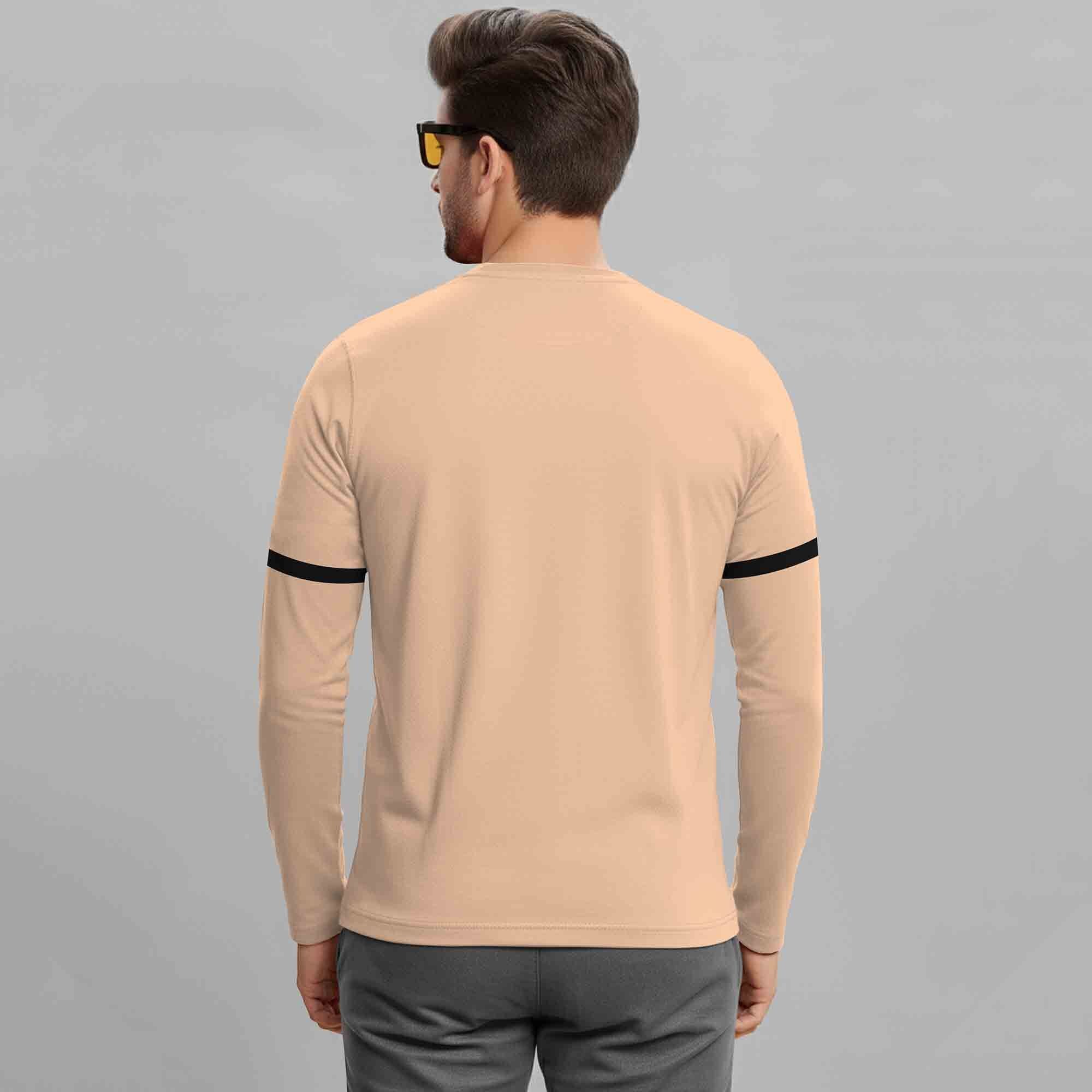 Beige Printed Full Sleeve Round Neck Cotton Blend T-Shirt