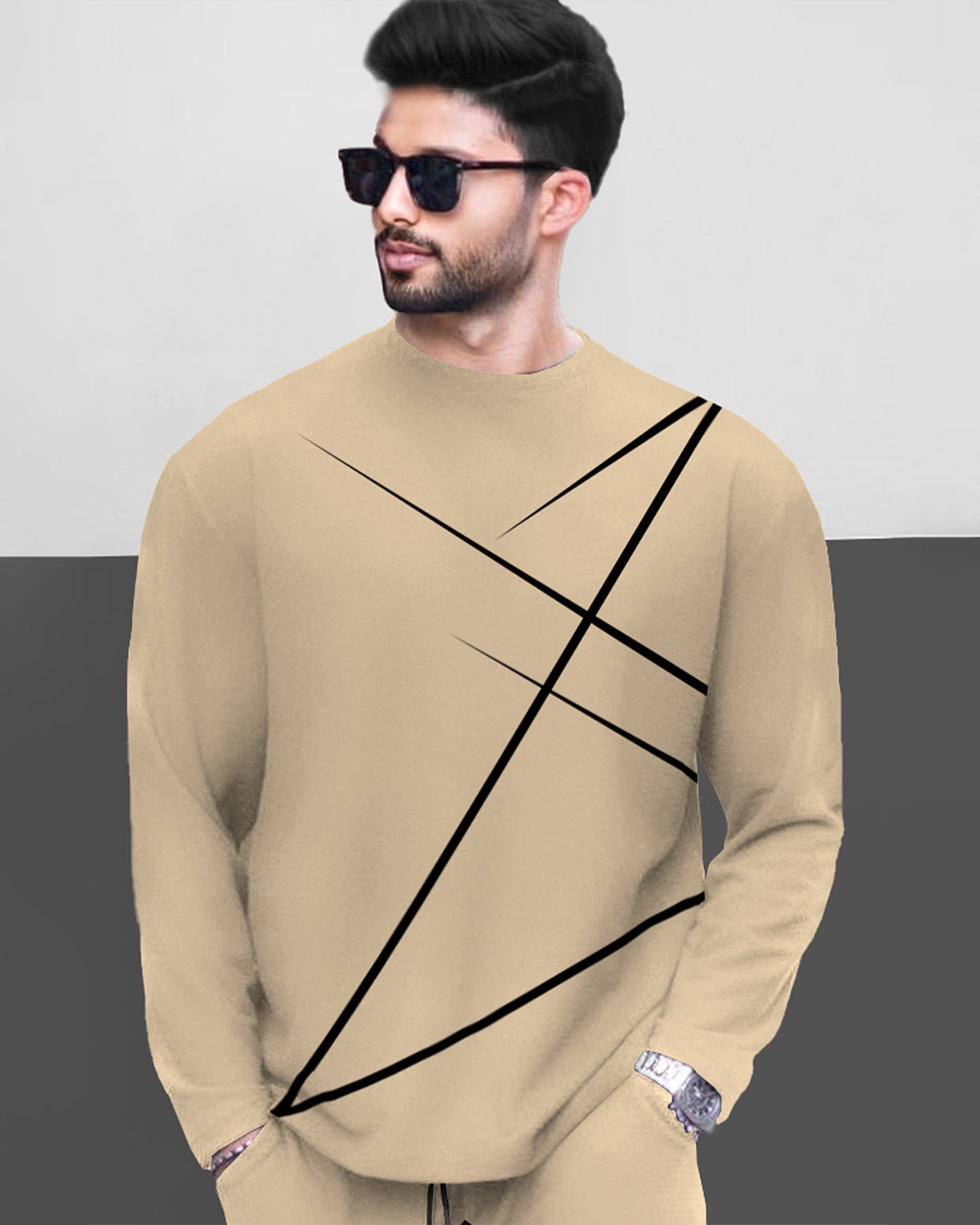 Round Neck Full Sleeve Beige T-shirt with Beige Trackpant Mens Tracksuit