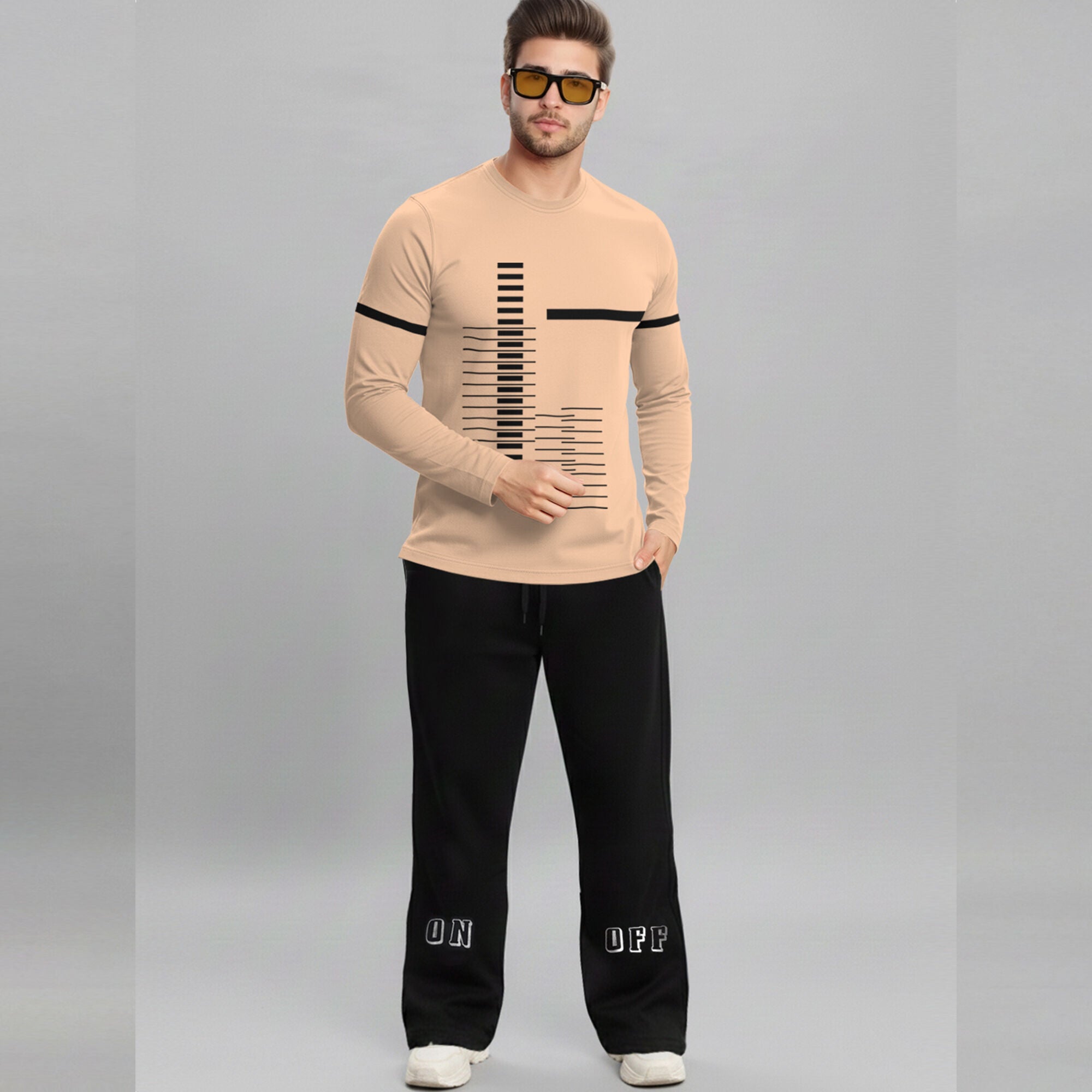 Out Fit Set For Printed Beige Tshirt & Black Trackpant