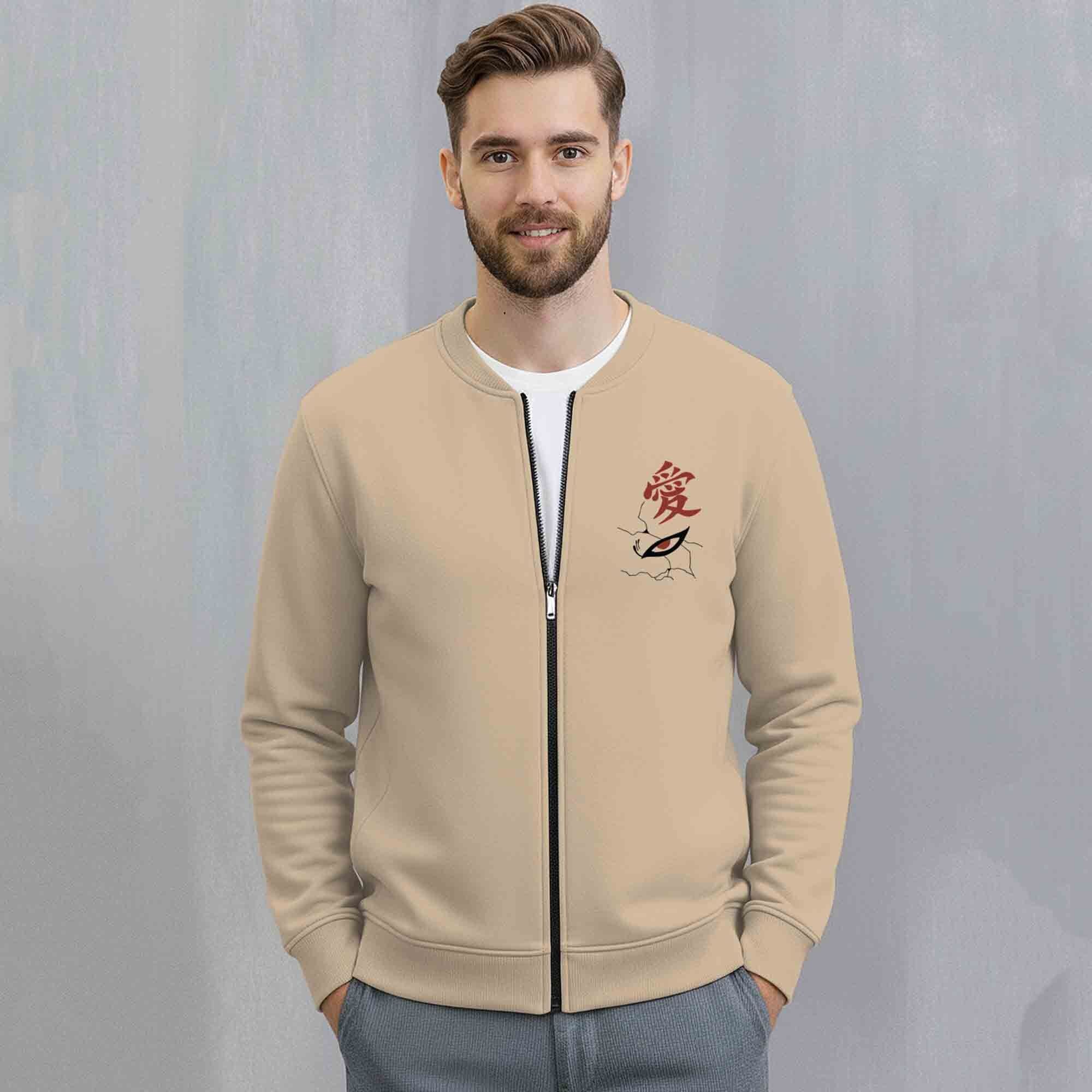 Mens Trendy Anime Design Printed Round Neck Jacket Beige