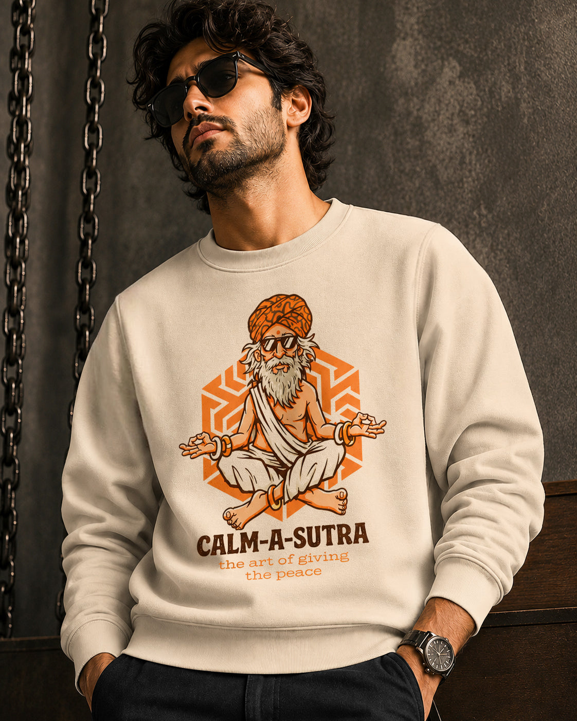 Mens Round Neck Full Sleeve Printed Sweatshirt Beige