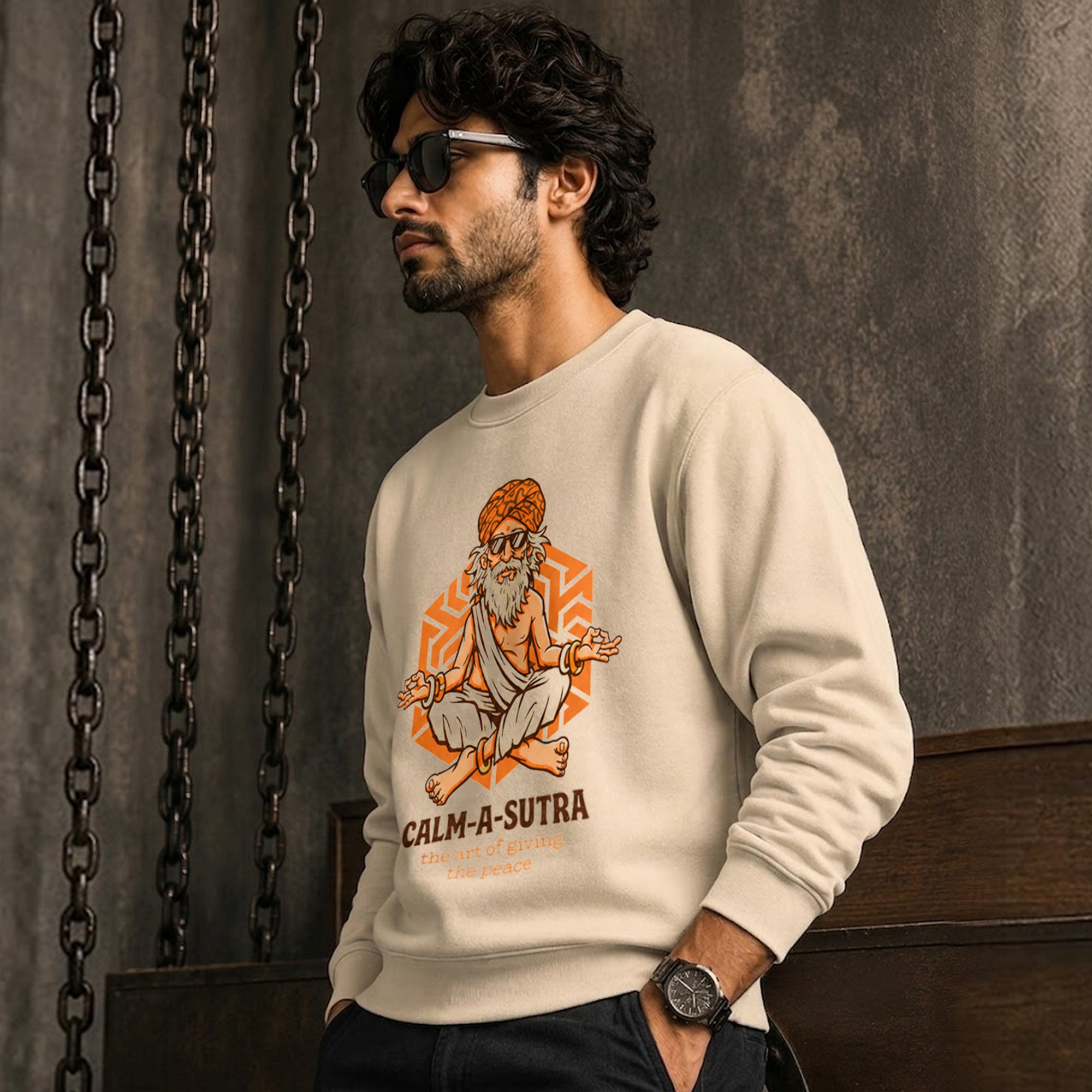 Mens Round Neck Full Sleeve Printed Sweatshirt Beige