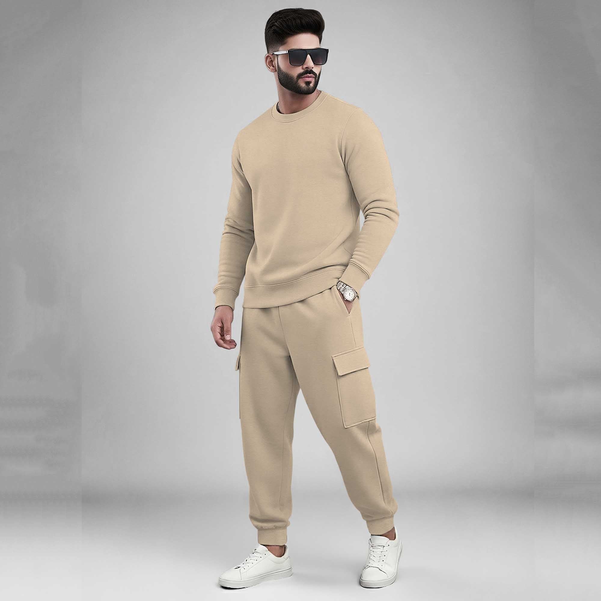Men's Plain Round Neck Sweatshirts and Cargo Joggers Outfit Sets