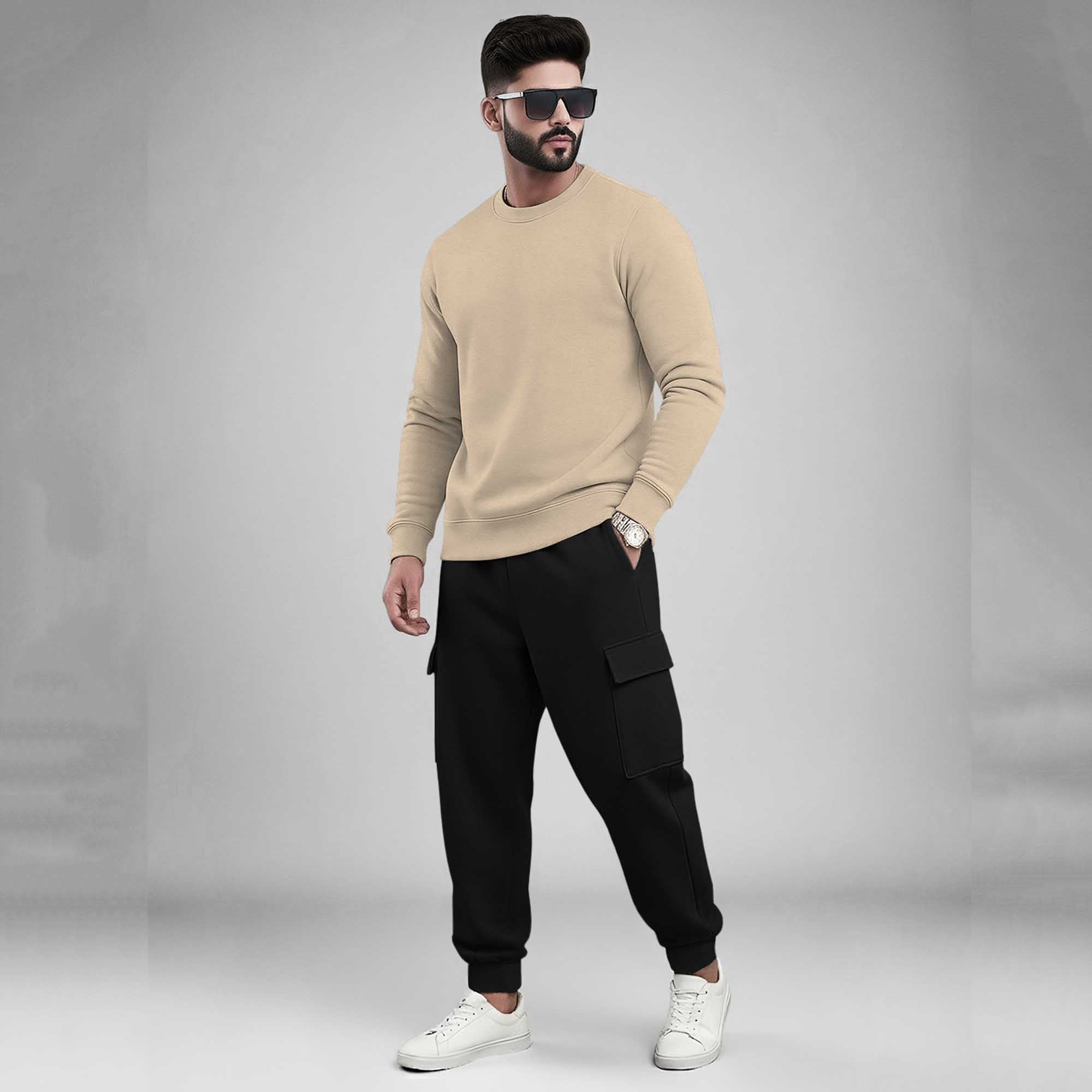 Men's Plain Round Neck Sweatshirts and Cargo Joggers Outfit Sets