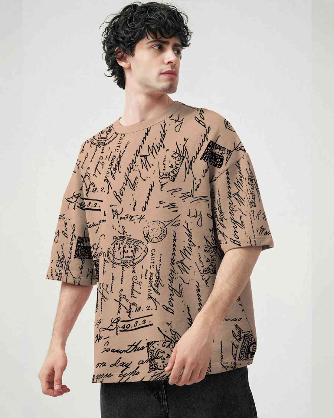 Beige Men Over All Printed Oversized T-shirt