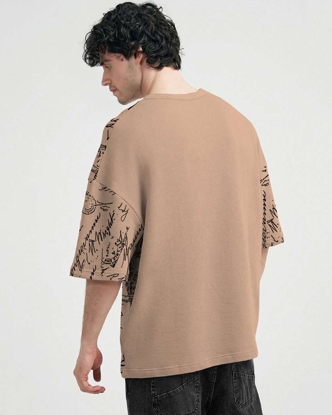 Beige Men Over All Printed Oversized T-shirt