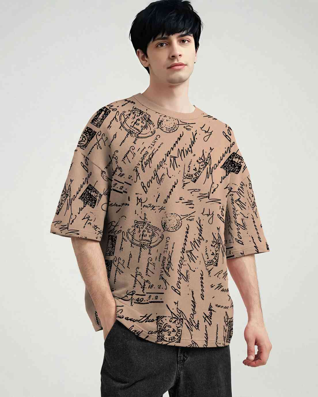Beige Men Over All Printed Oversized T-shirt