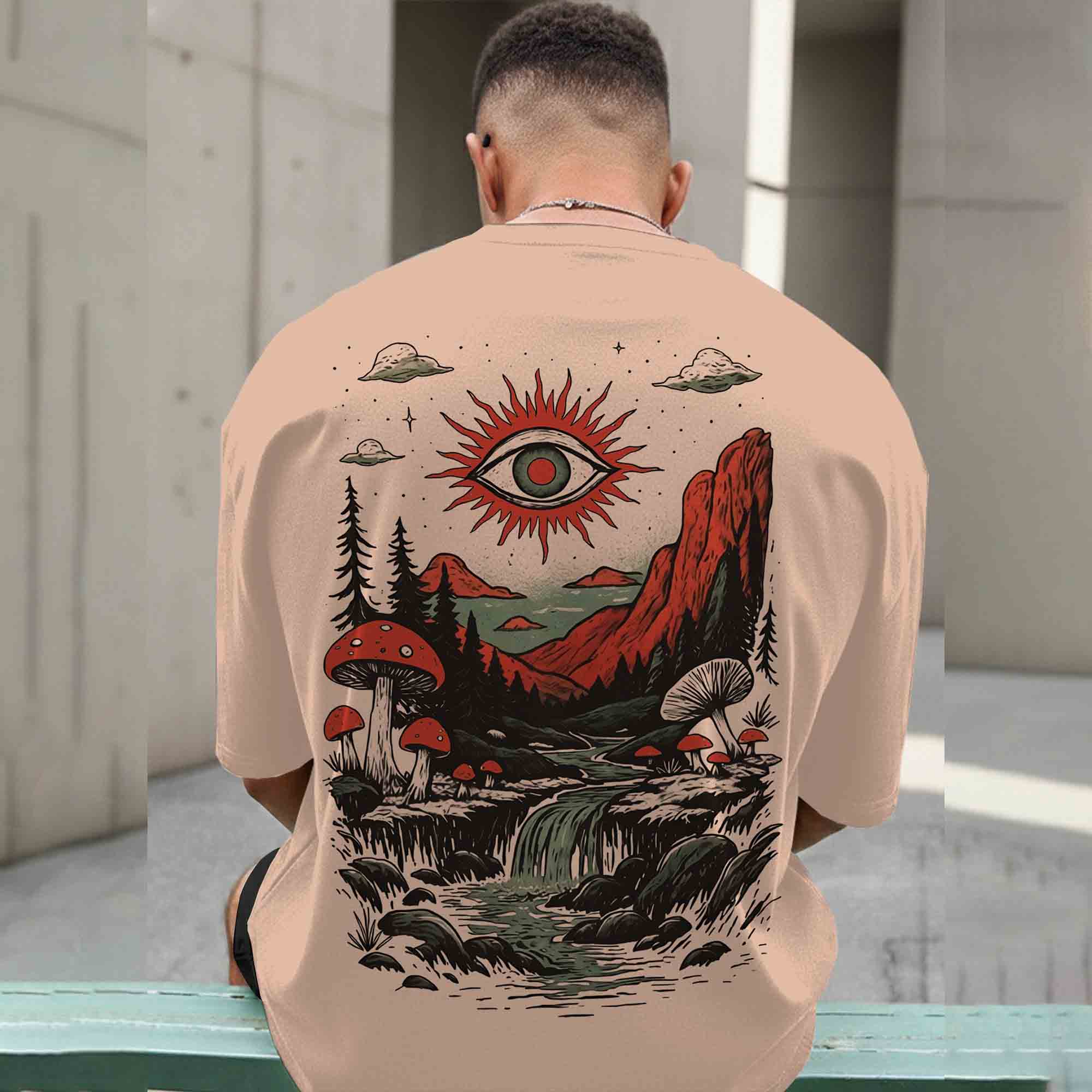 Men Back Printed Loose Fit Baggy Tshirt Beige