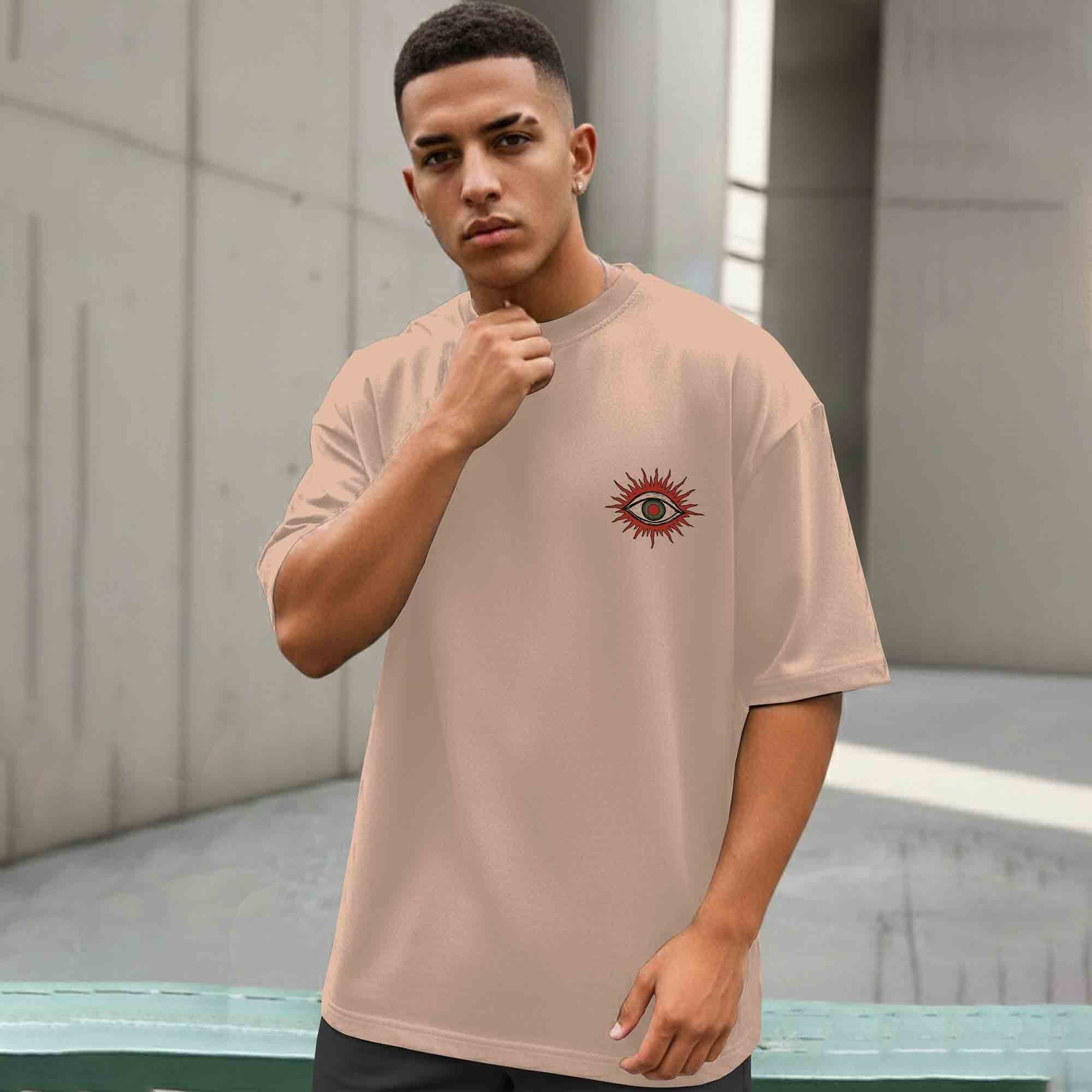 Men Back Printed Loose Fit Baggy Tshirt Beige