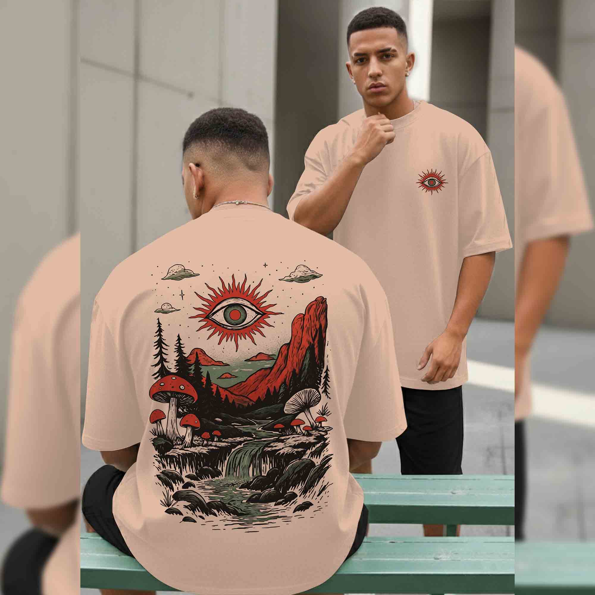 Men Back Printed Loose Fit Baggy Tshirt Beige