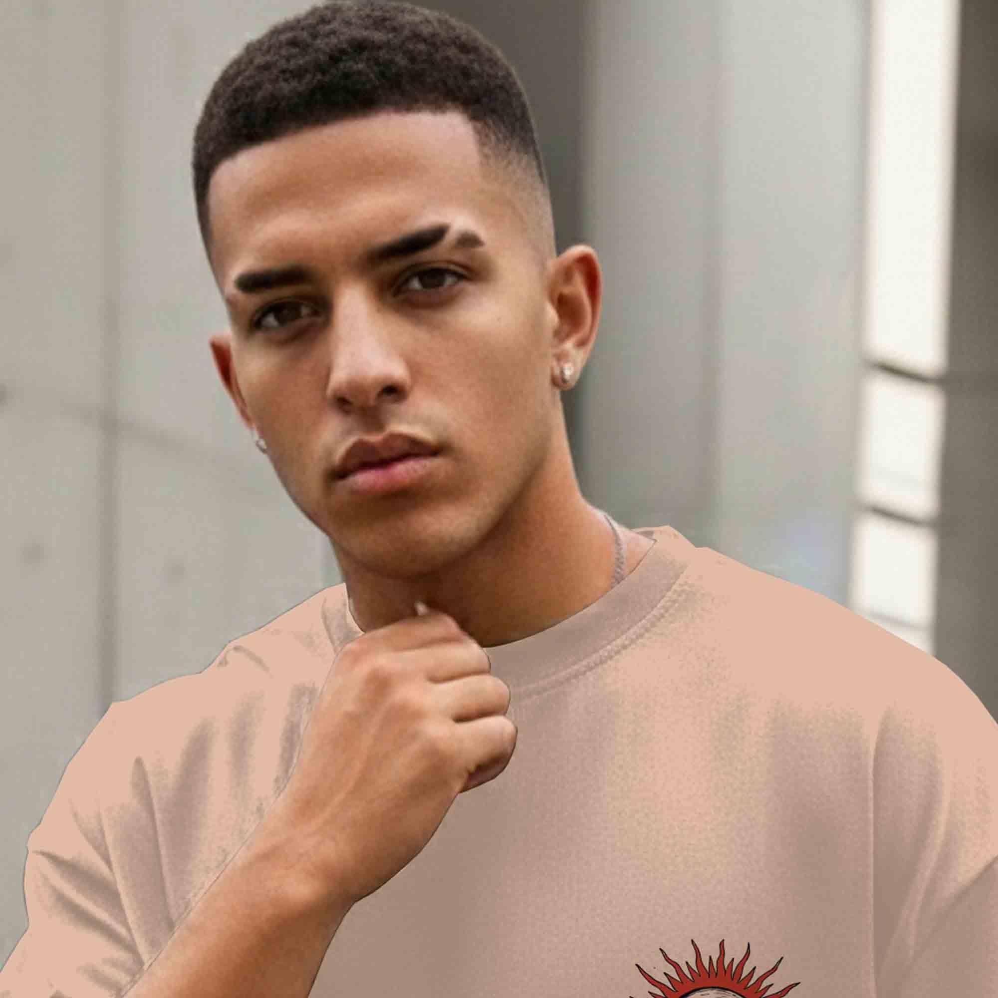 Men Back Printed Loose Fit Baggy Tshirt Beige