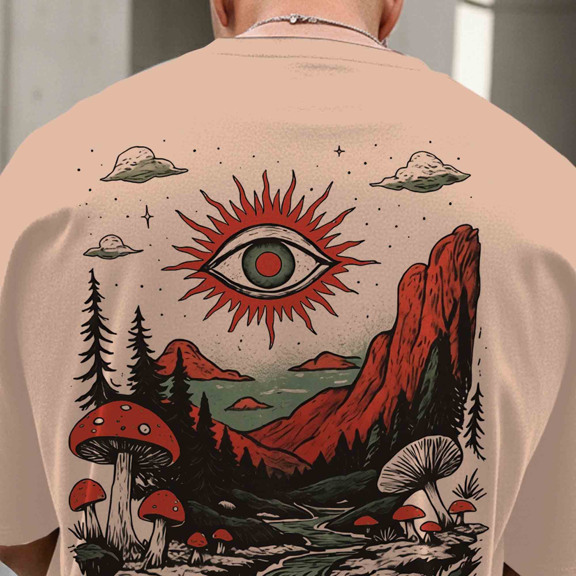 Men Back Printed Loose Fit Baggy Tshirt Beige