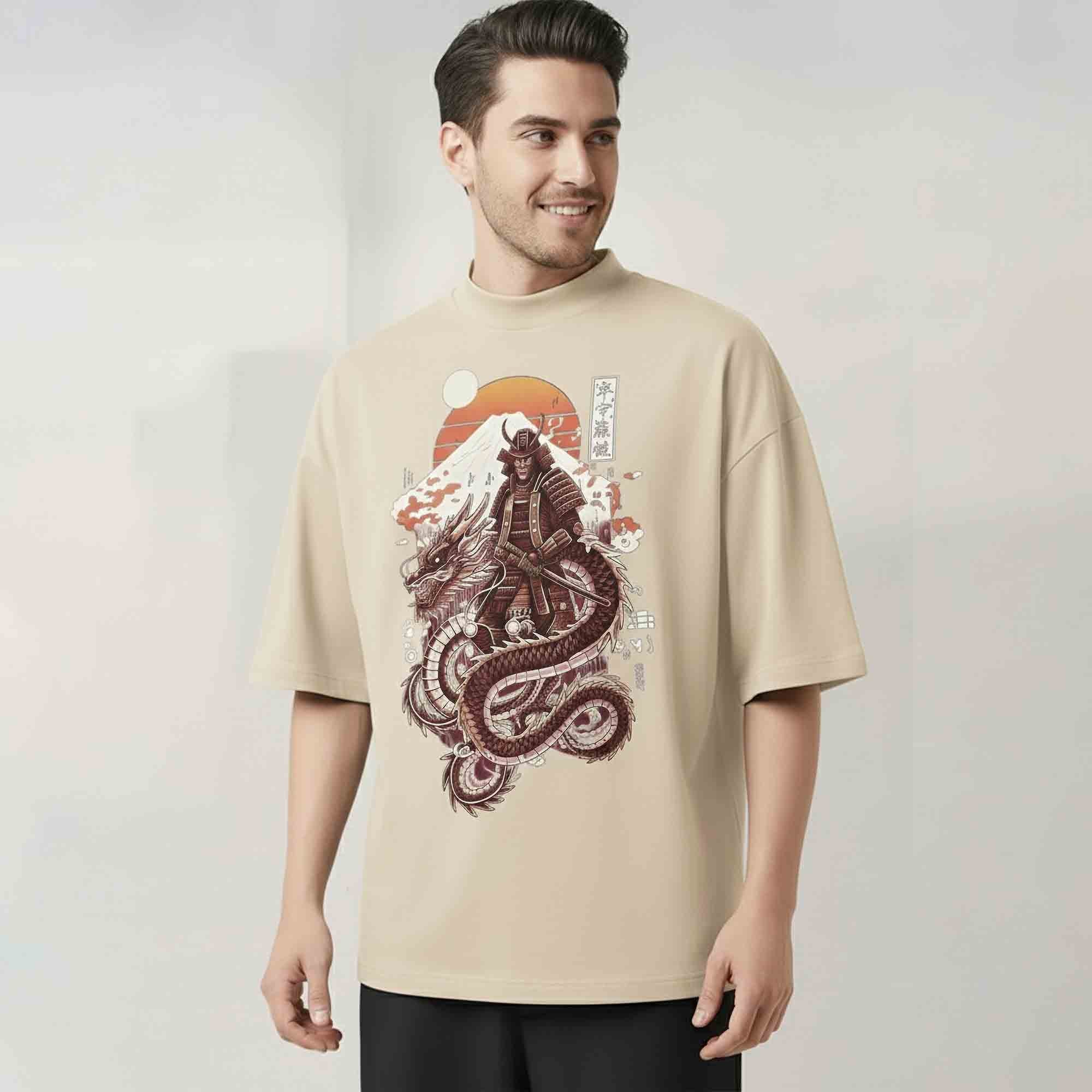 Samurai Graphic Printed Oversized T-shirt Beige